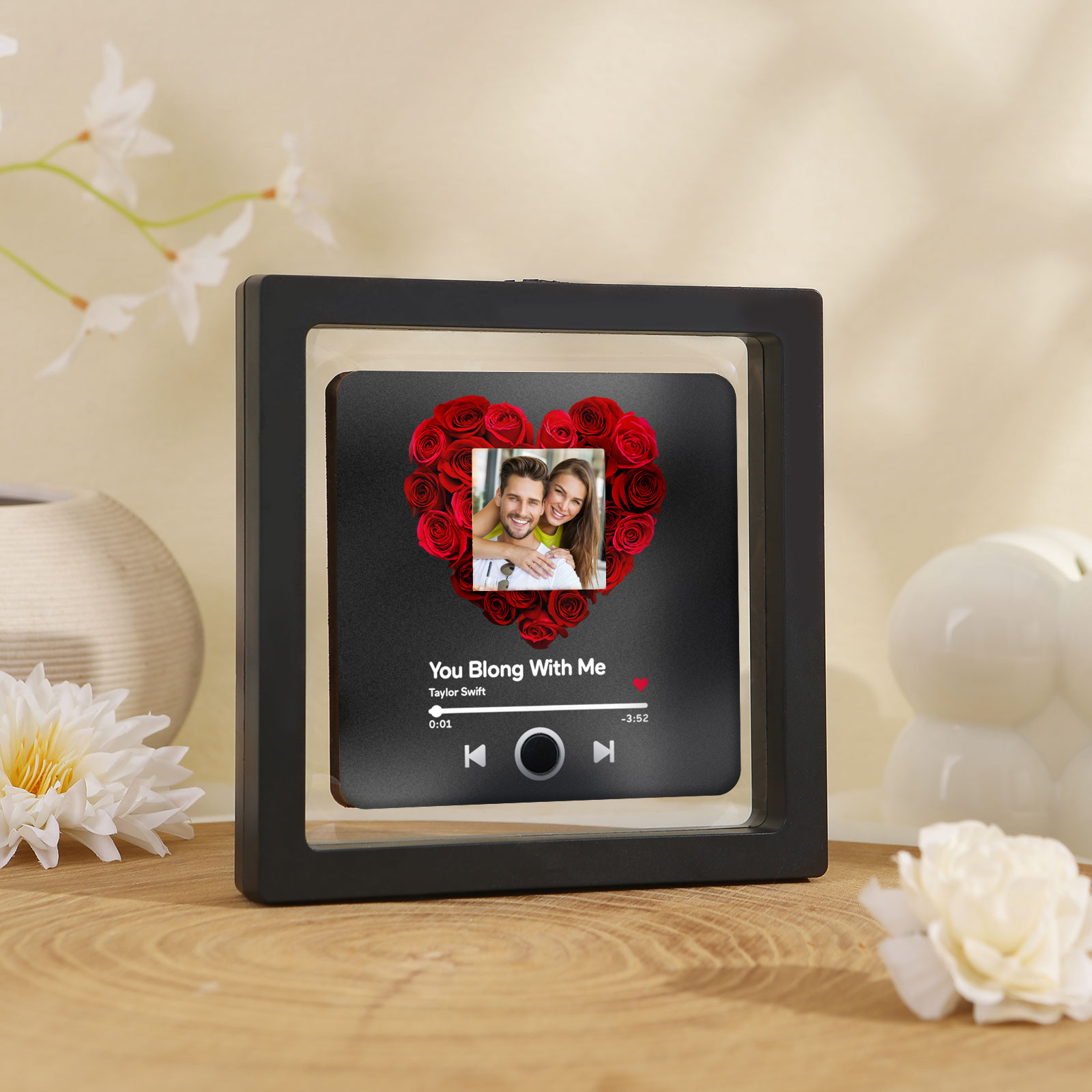 Personalised Album Music Fridge Magnet Heart Shaped with Roses Custom Photo & Song Gift for Couple