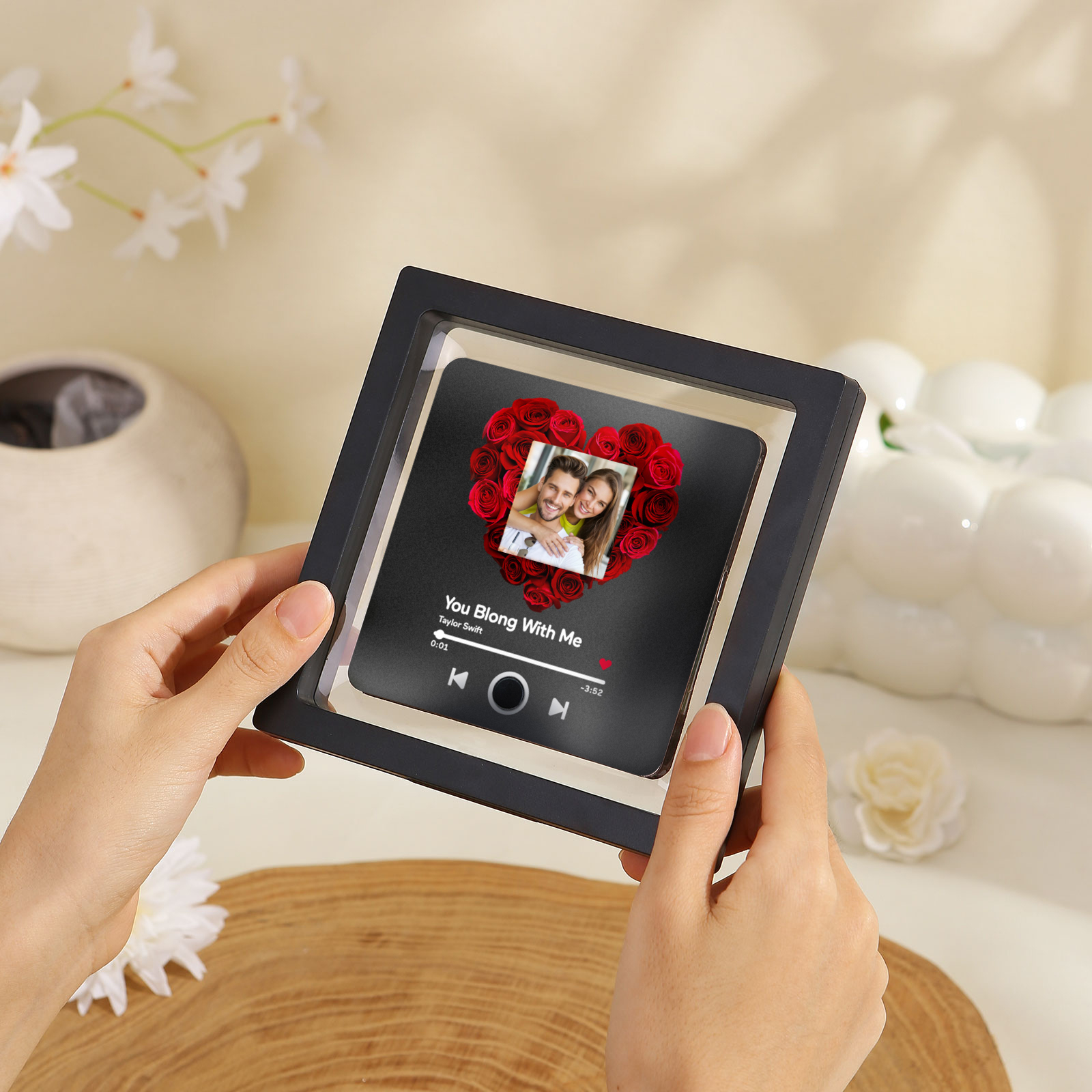 Personalised Album Music Fridge Magnet Heart Shaped with Roses Custom Photo & Song Gift for Couple