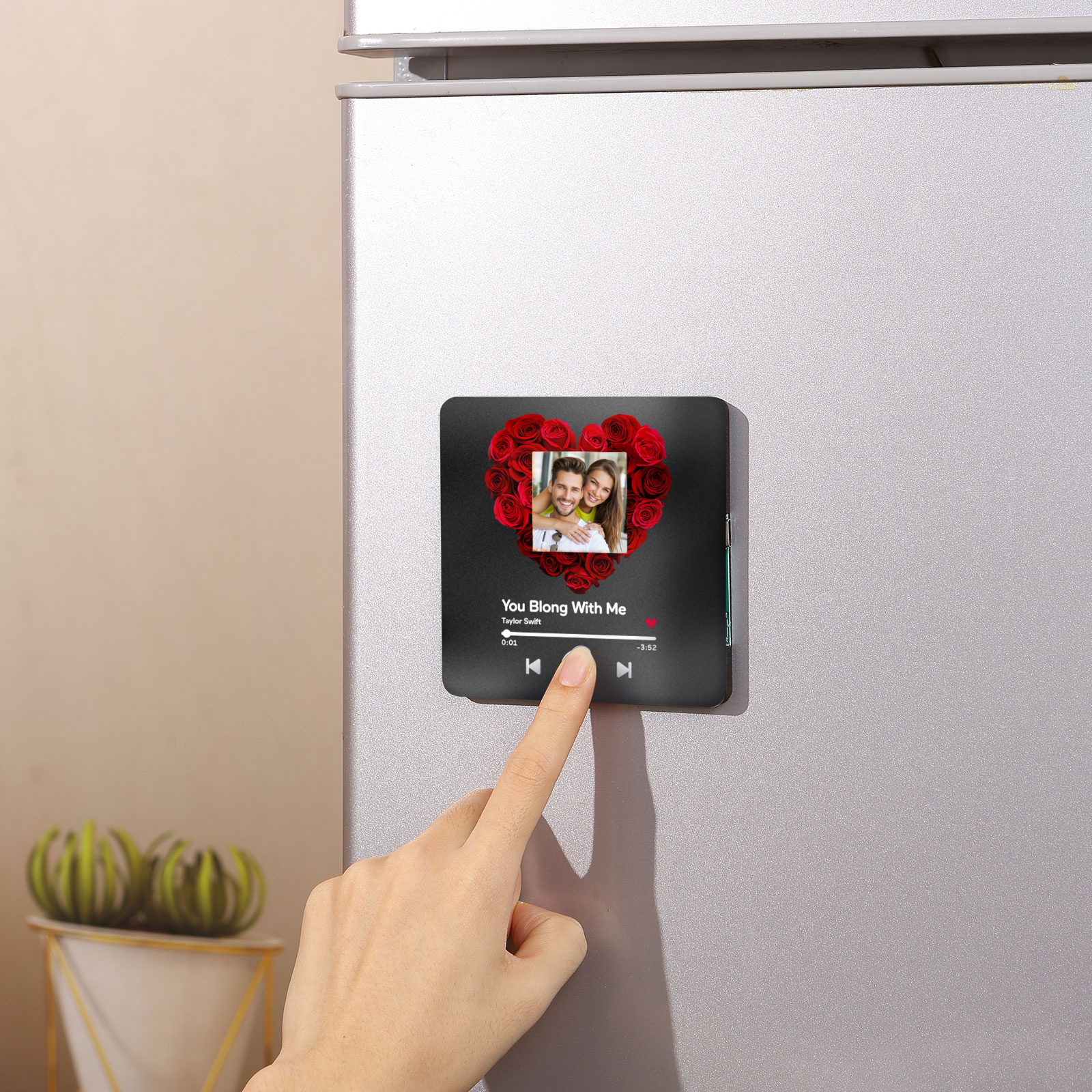 Personalised Album Music Fridge Magnet Heart Shaped with Roses Custom Photo & Song Gift for Couple