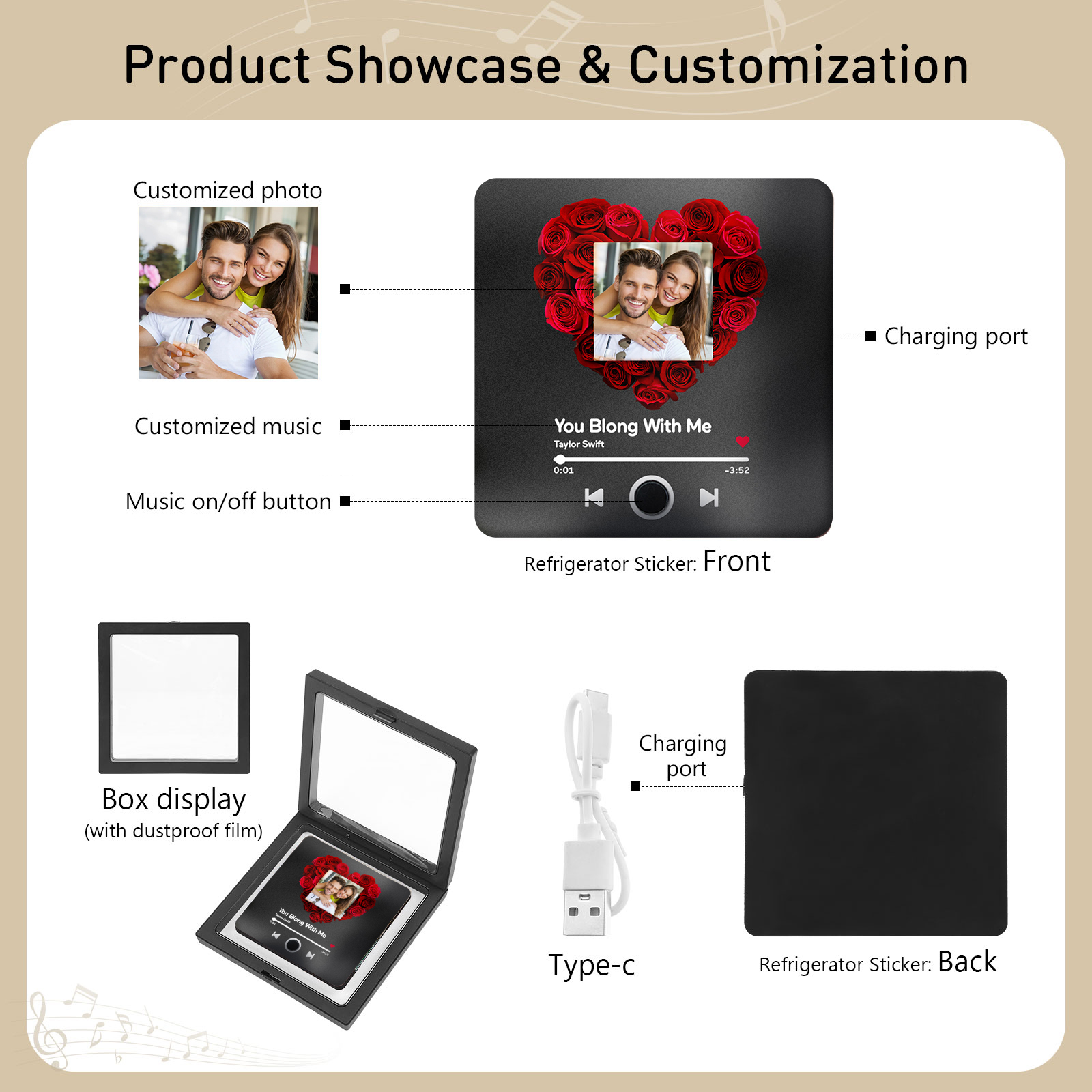 Personalised Album Music Fridge Magnet Heart Shaped with Roses Custom Photo & Song Gift for Couple