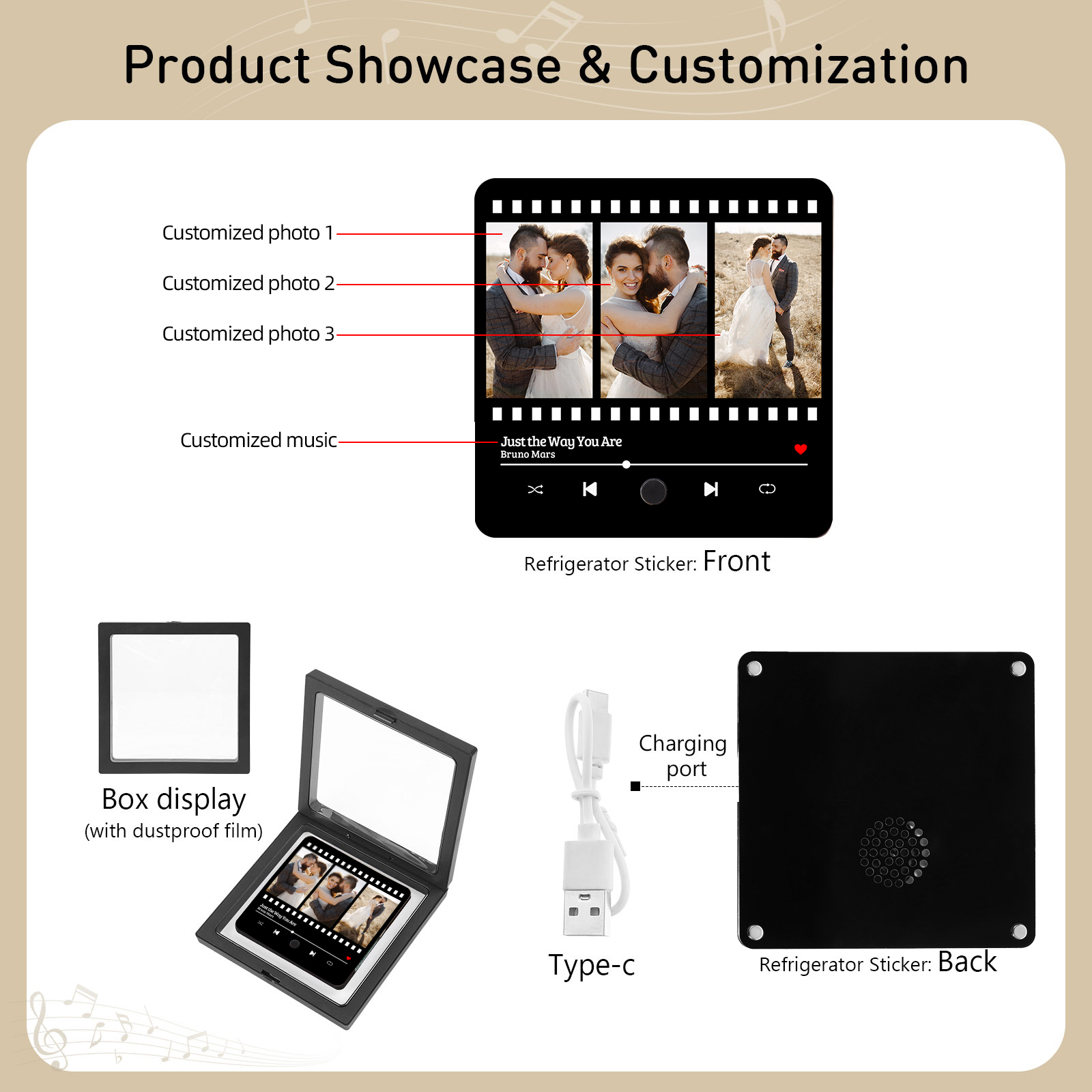 Personalised Music Fridge Magnet 3 Photos and Song Gift for Couple