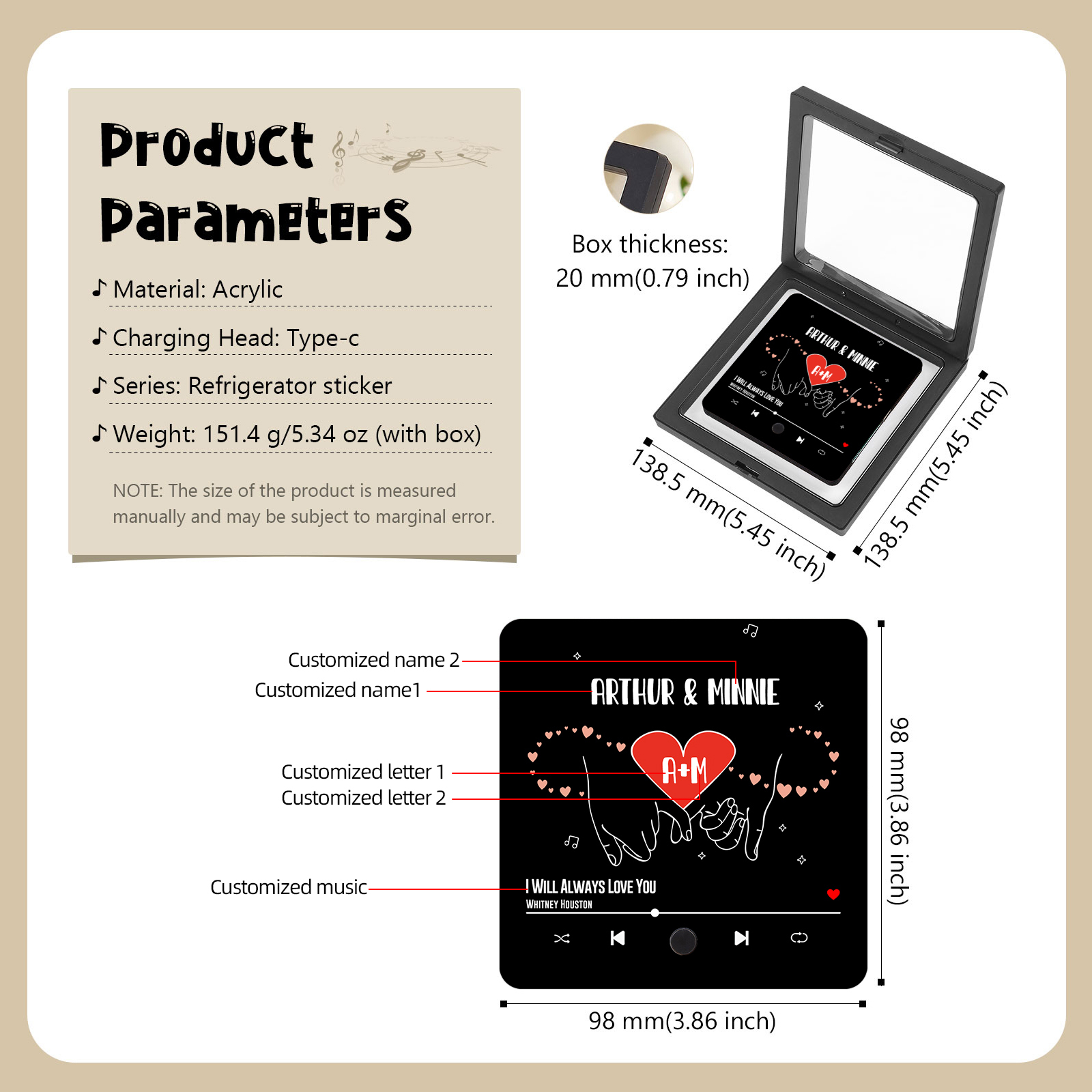 Personalised Music Fridge Magnet Infinity and Pinky Promise Custom 2 Names and Letters Gift for Couple