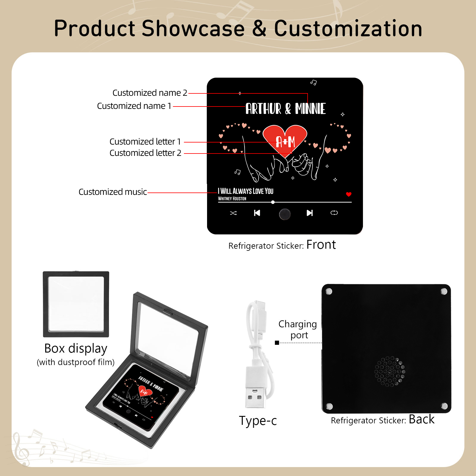 Personalised Music Fridge Magnet Infinity and Pinky Promise Custom 2 Names and Letters Gift for Couple