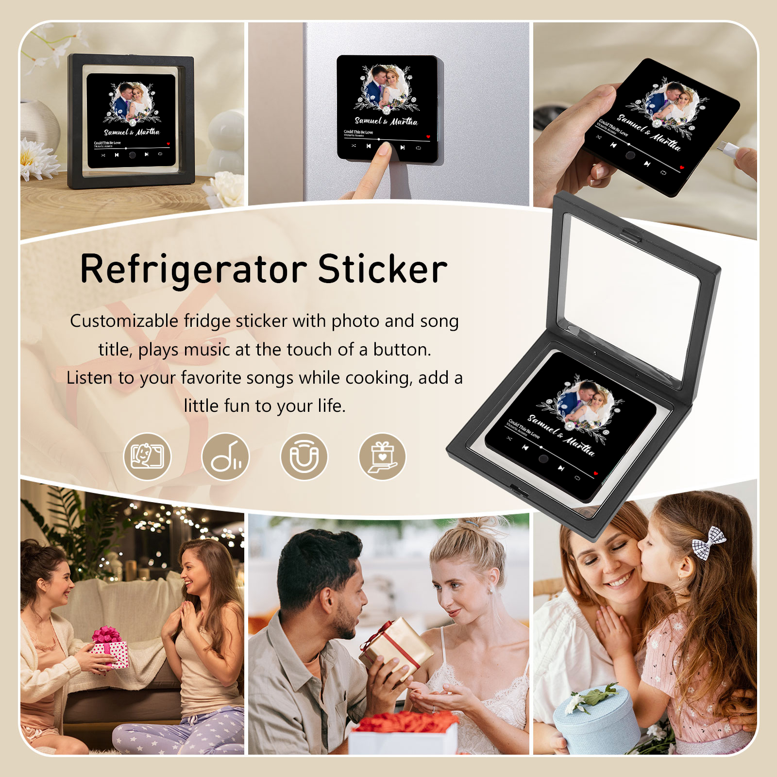 Personalised Music Fridge Magnet 2 Names and 1 Photo Gift for Couple