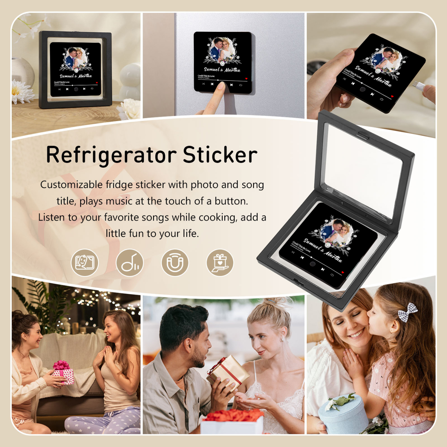 Personalised Music Fridge Magnet 2 Names and 1 Photo Gift for Couple