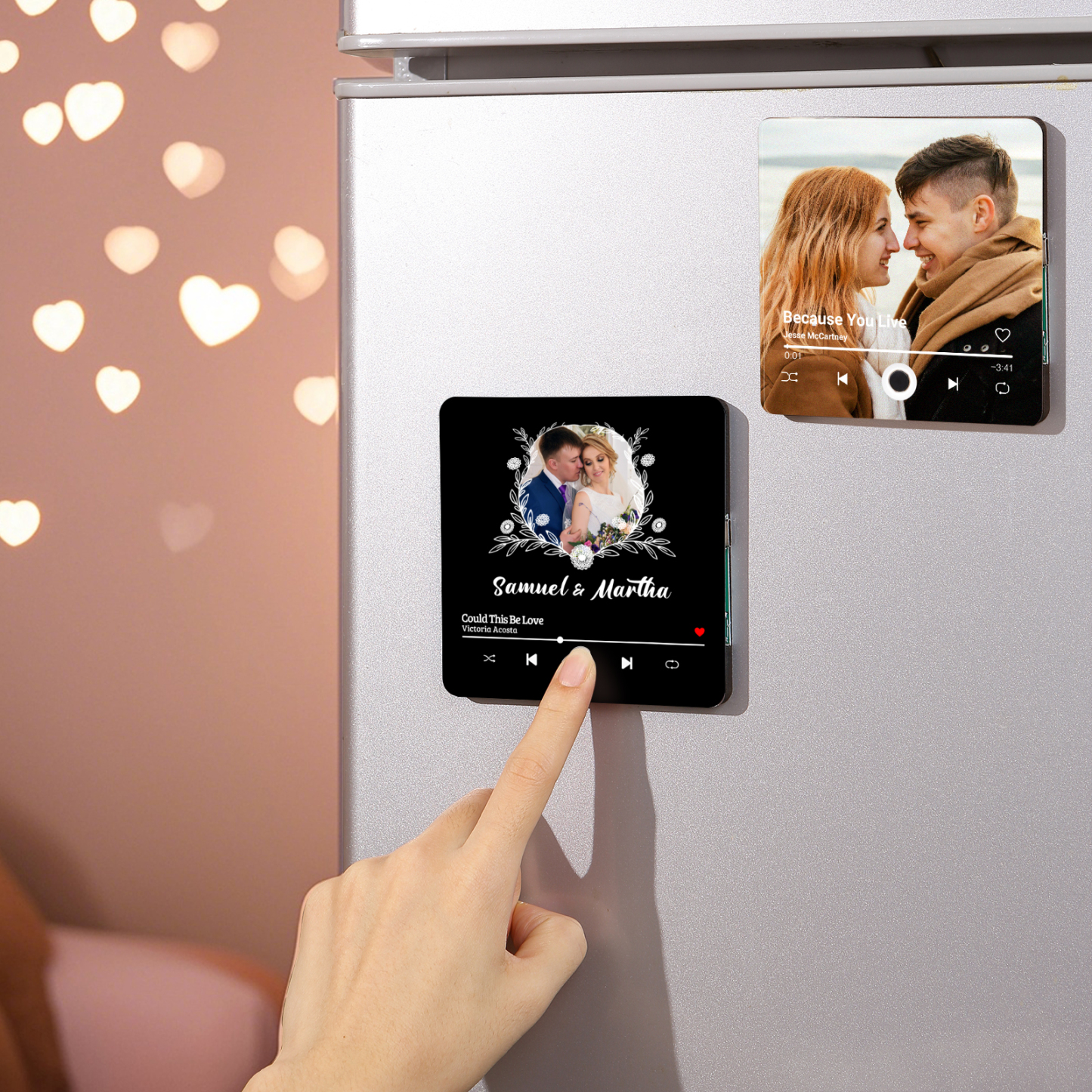 Personalised Music Fridge Magnet 2 Names and 1 Photo Gift for Couple