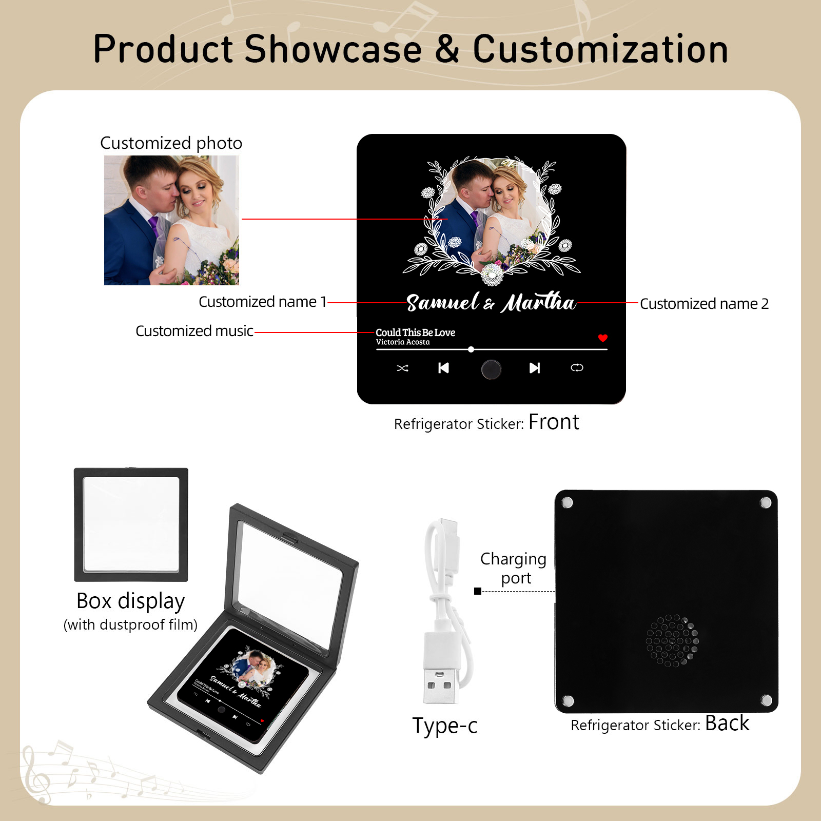 Personalised Music Fridge Magnet 2 Names and 1 Photo Gift for Couple