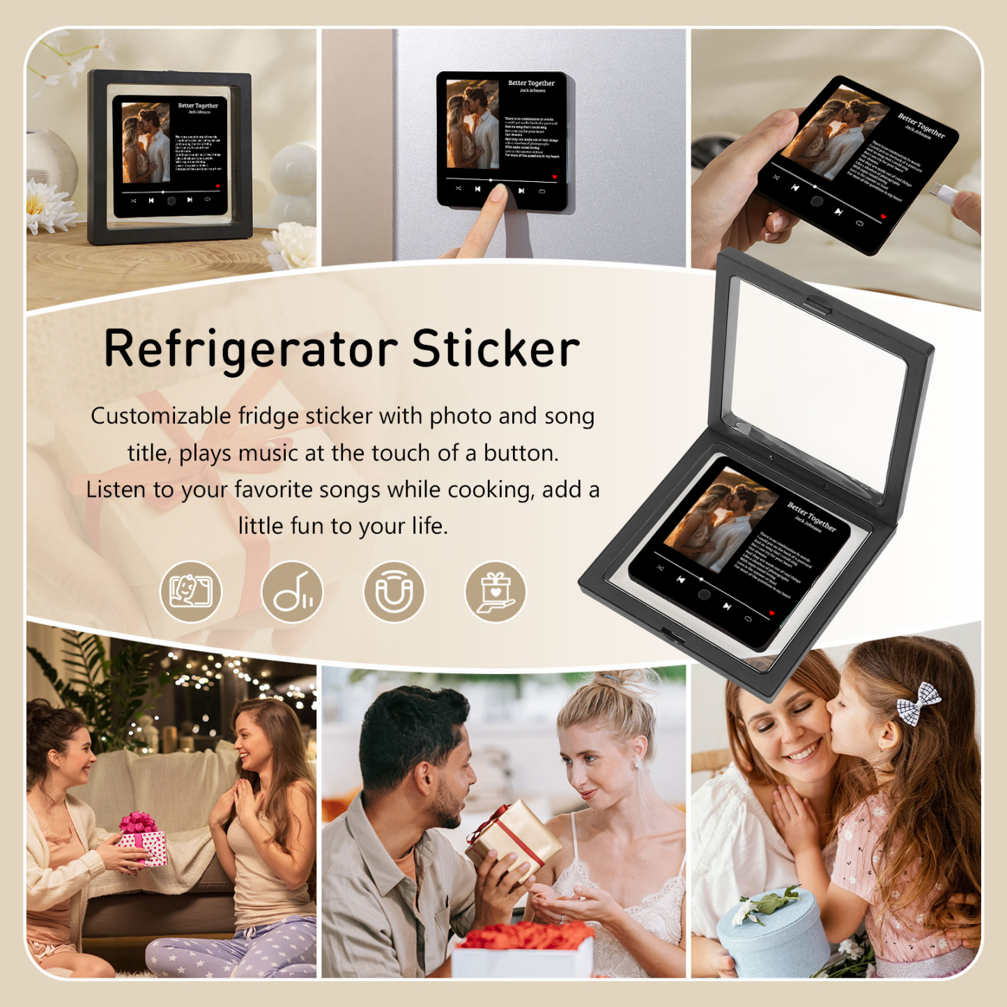 Personalised Music Fridge Magnet 1 Long Text and 1 Photo Gift for Couple