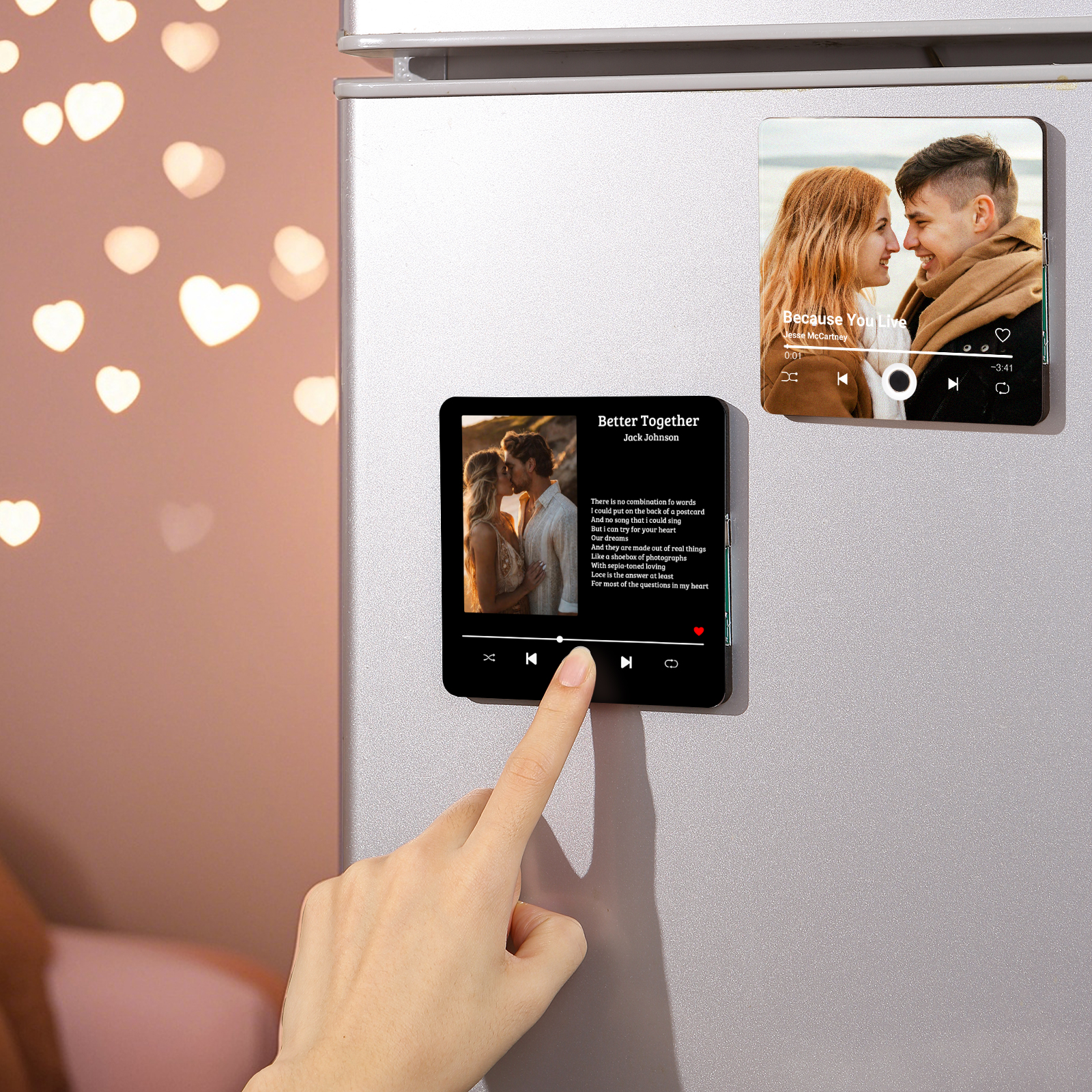 Personalised Music Fridge Magnet 1 Long Text and 1 Photo Gift for Couple