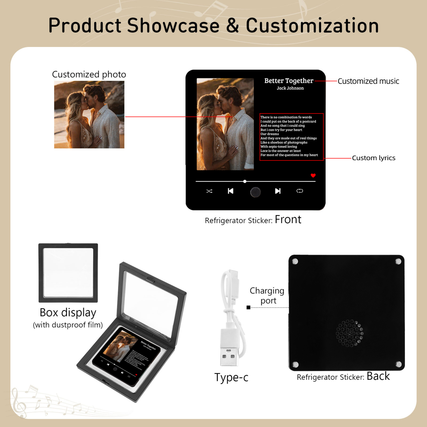 Personalised Music Fridge Magnet 1 Long Text and 1 Photo Gift for Couple