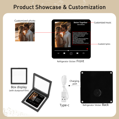 Personalised Music Fridge Magnet 1 Long Text and 1 Photo Gift for Couple