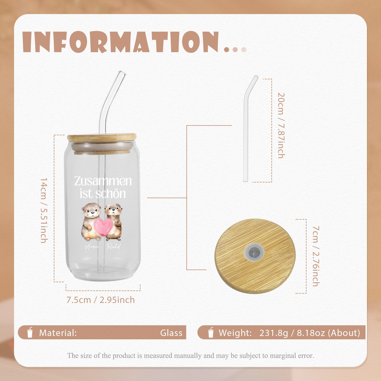 Personalised Photo and Text Glass Bottle Together is Beautiful Otter Design for Couples