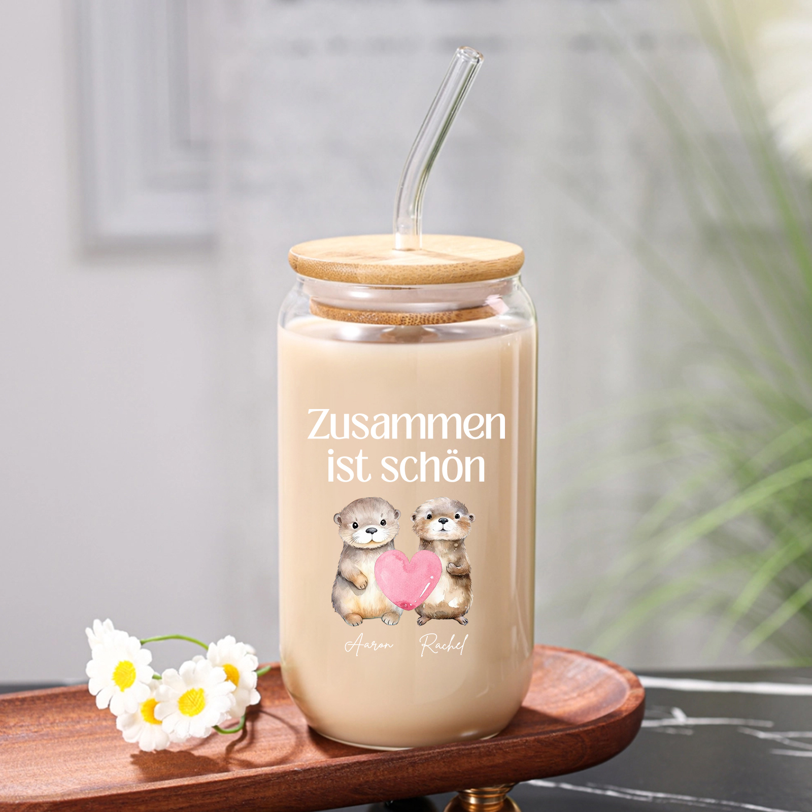 Personalised Photo and Text Glass Bottle Together is Beautiful Otter Design for Couples