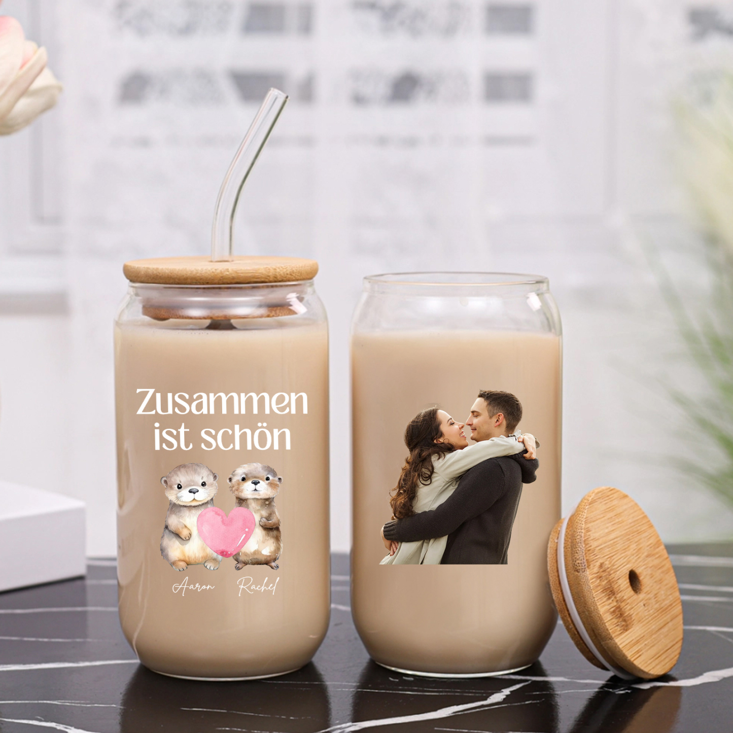 Personalised Photo and Text Glass Bottle Together is Beautiful Otter Design for Couples