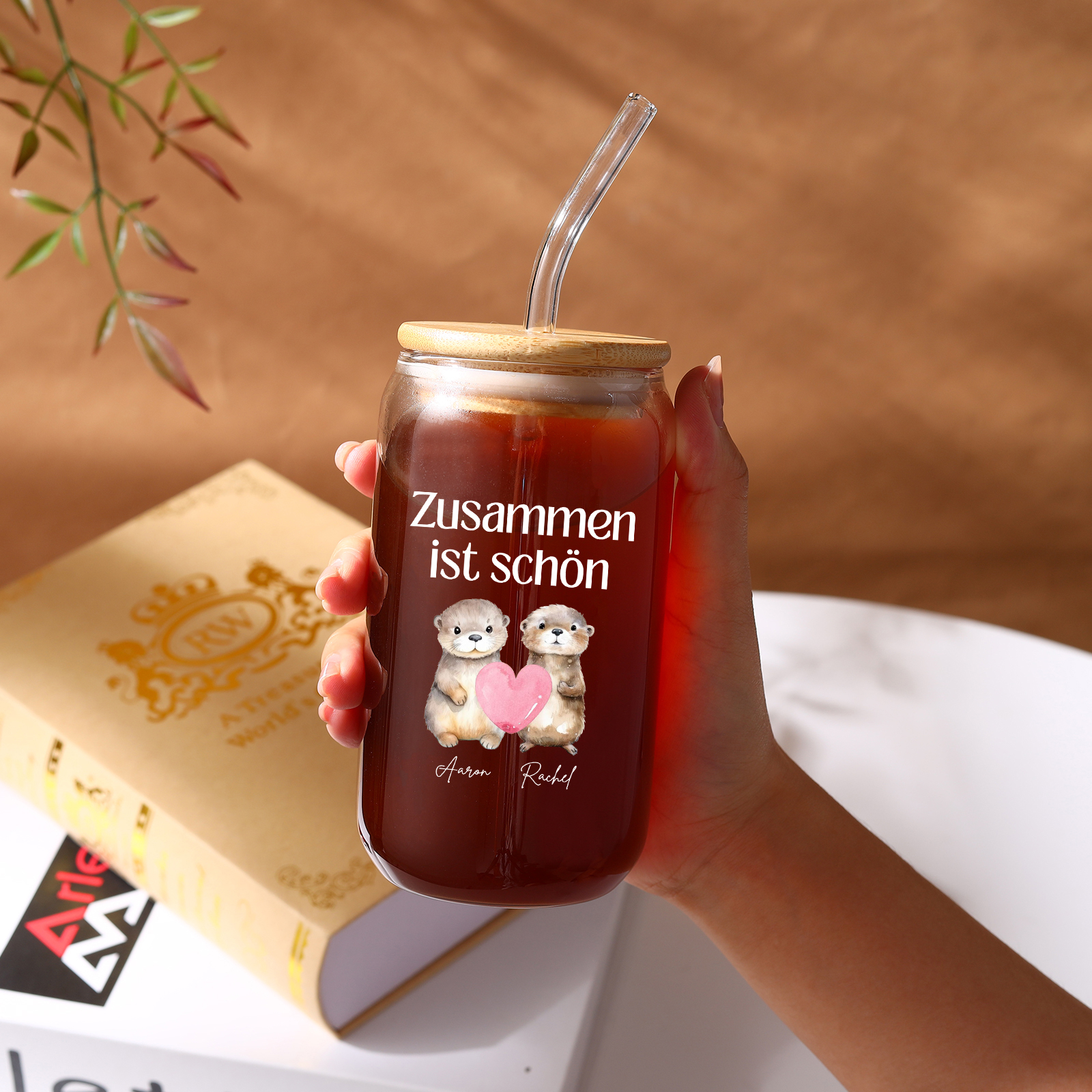 Personalised Photo and Text Glass Bottle Together is Beautiful Otter Design for Couples