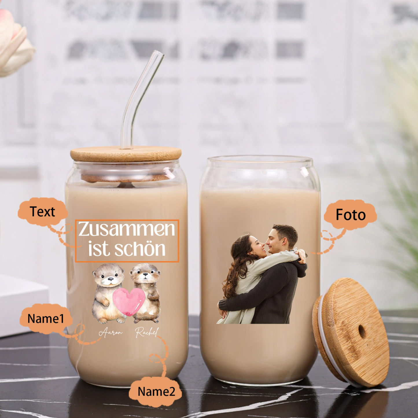 Personalised Photo and Text Glass Bottle Together is Beautiful Otter Design for Couples