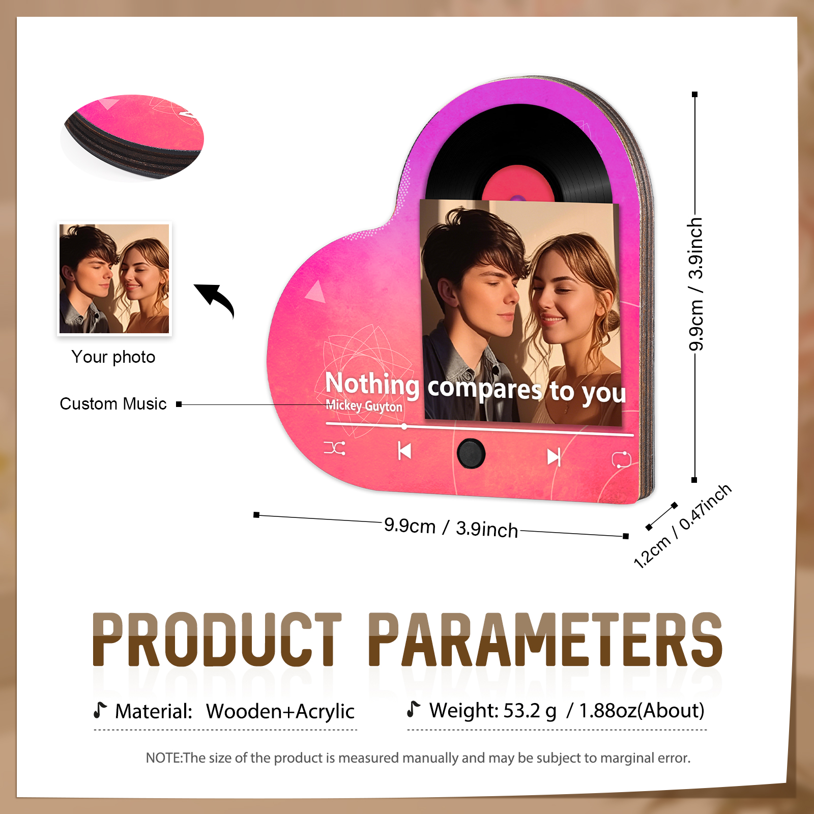 Personalised Music Player with Photo Gradient Heart Shaped Fridge Magnet Gift for Couple
