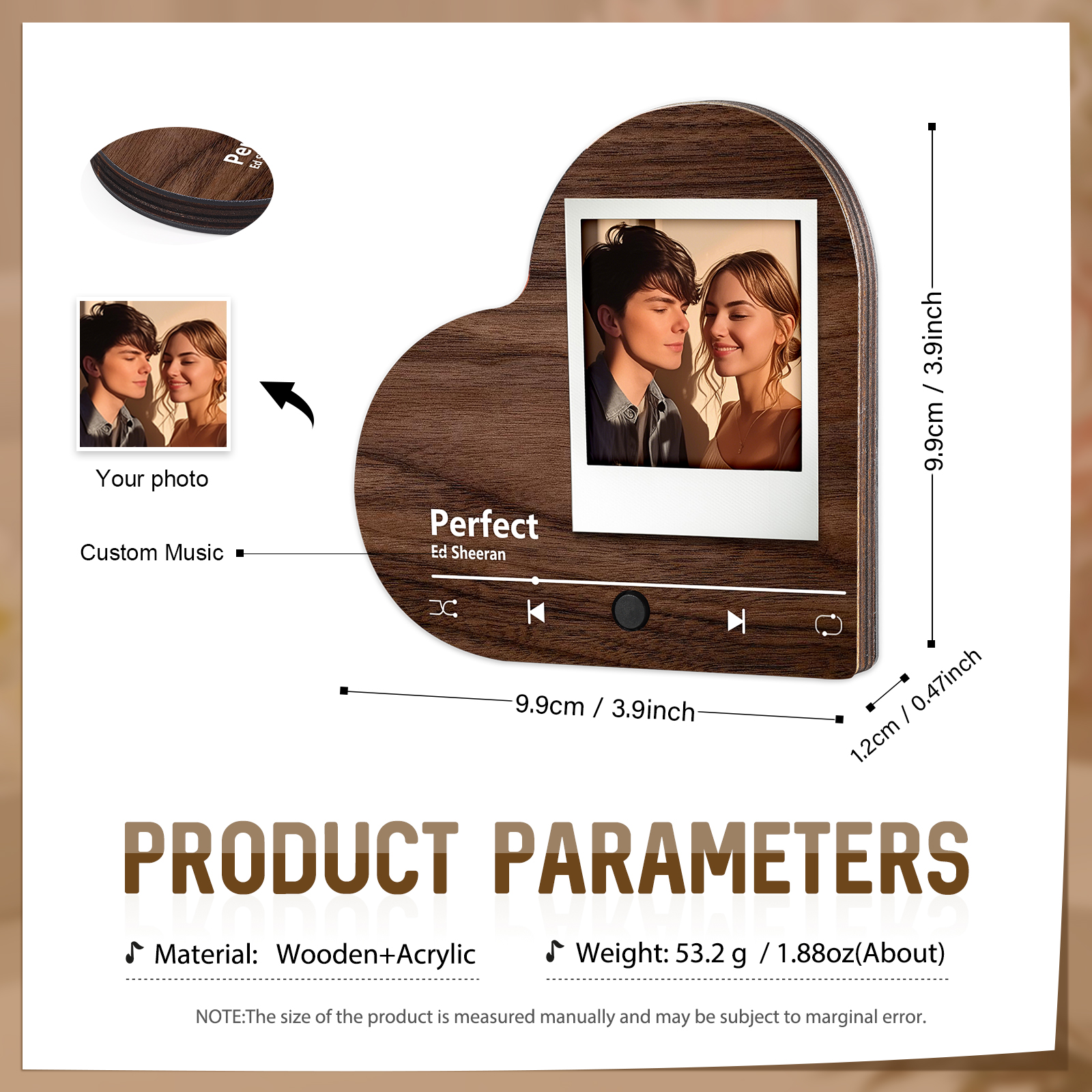 Personalised Music Player with Photo Wood Colour Heart Shaped Magnet Gift for Couple