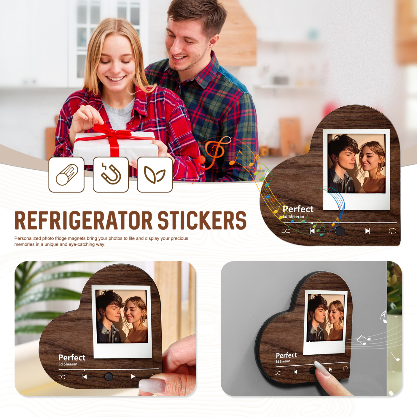 Personalised Music Player with Photo Wood Colour Heart Shaped Magnet Gift for Couple