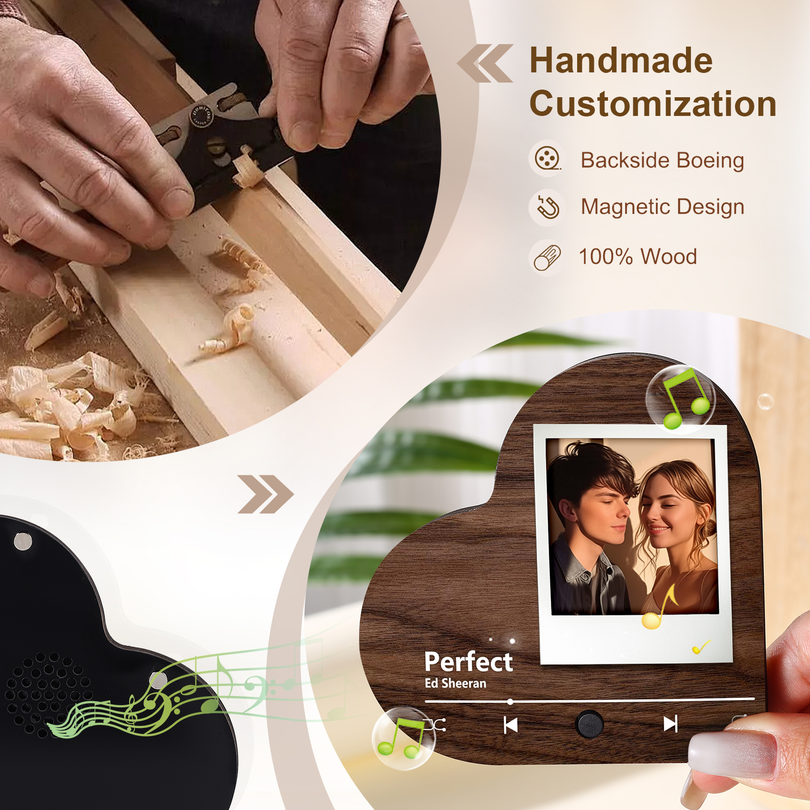 Personalised Music Player with Photo Wood Colour Heart Shaped Magnet Gift for Couple