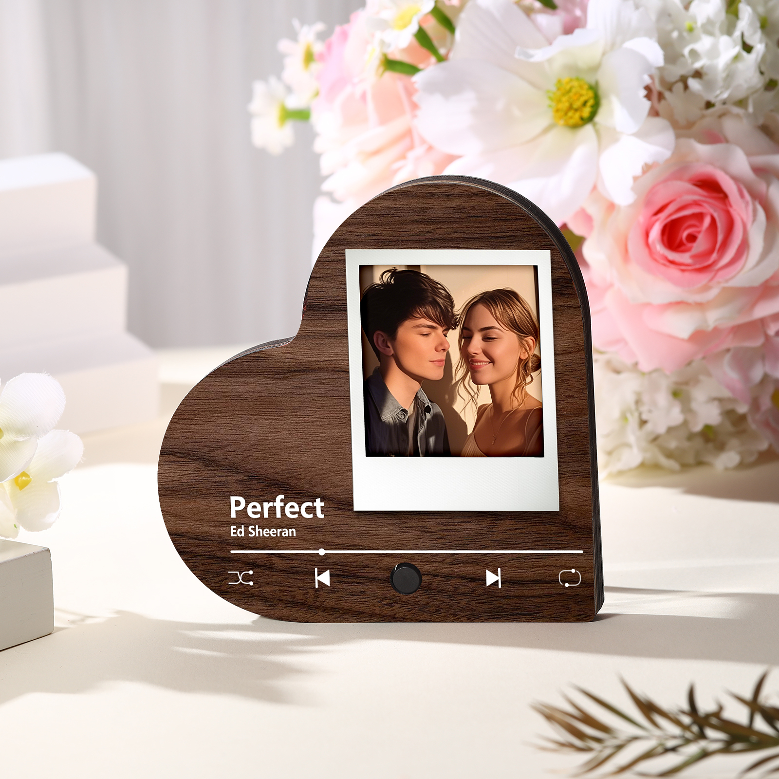 Personalised Music Player with Photo Wood Colour Heart Shaped Magnet Gift for Couple