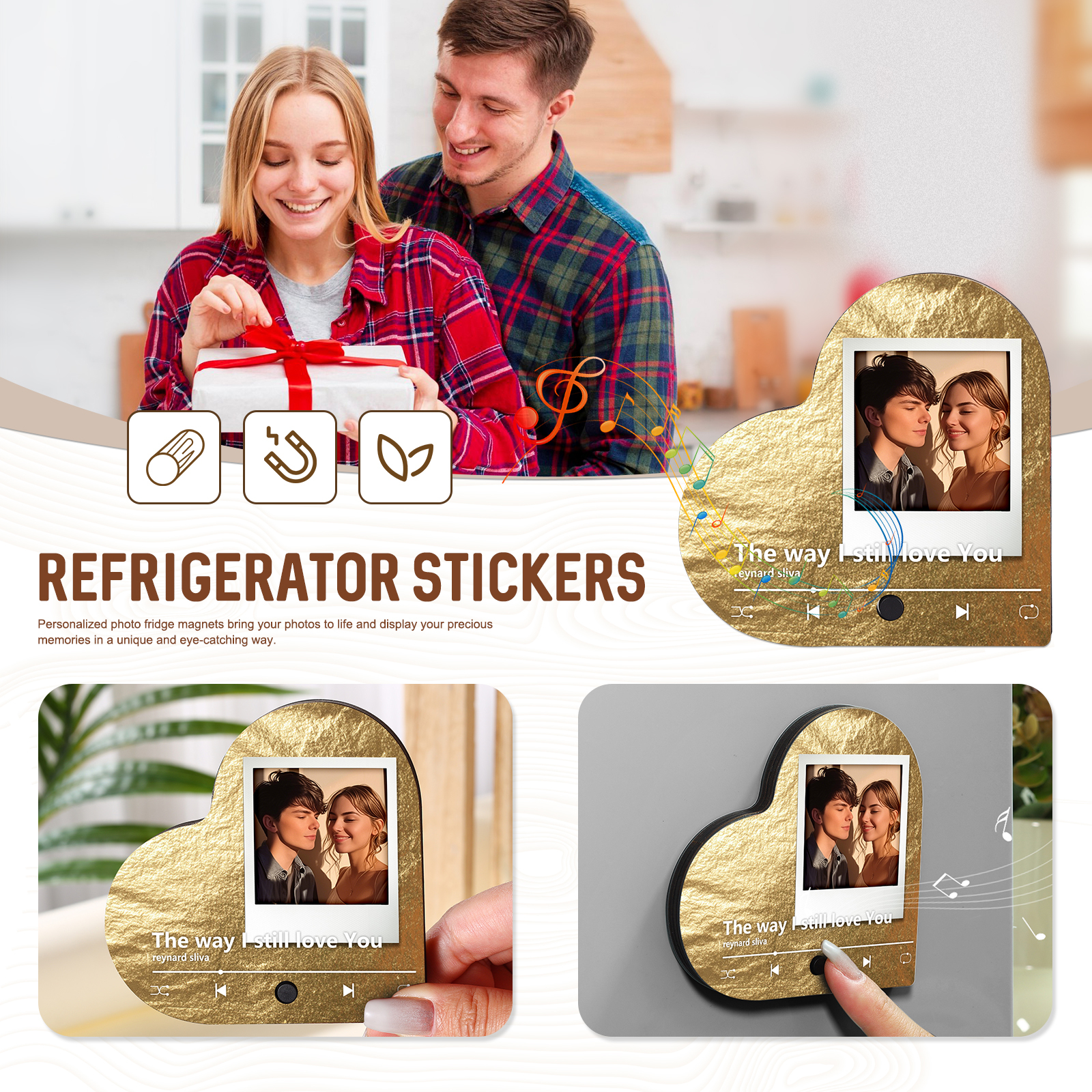 Personalised Music Player with Photo Flowing Gold Heart-Shaped Magnet Gift for Couple