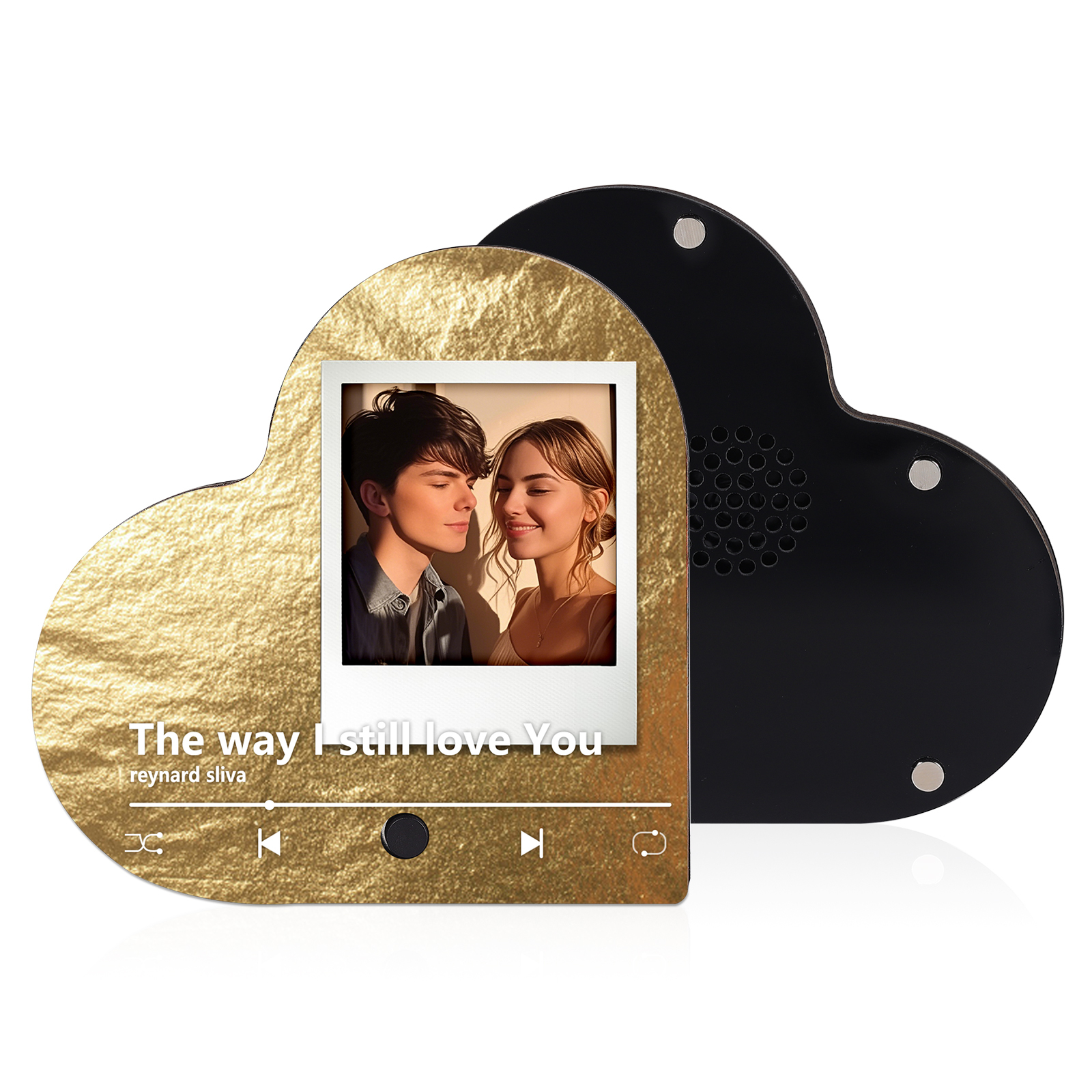 Personalised Music Player with Photo Flowing Gold Heart-Shaped Magnet Gift for Couple