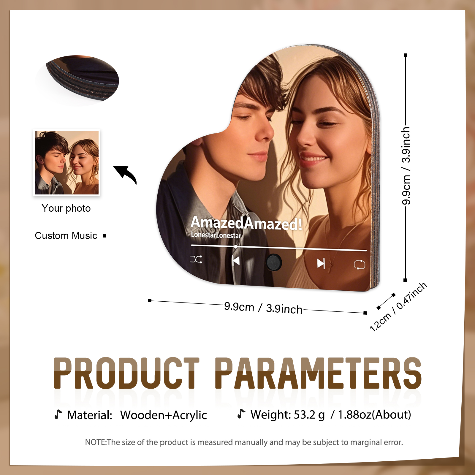 Personalised Music Player with Photo Heart Shaped Custom Fridge Magnet Gift for Couple