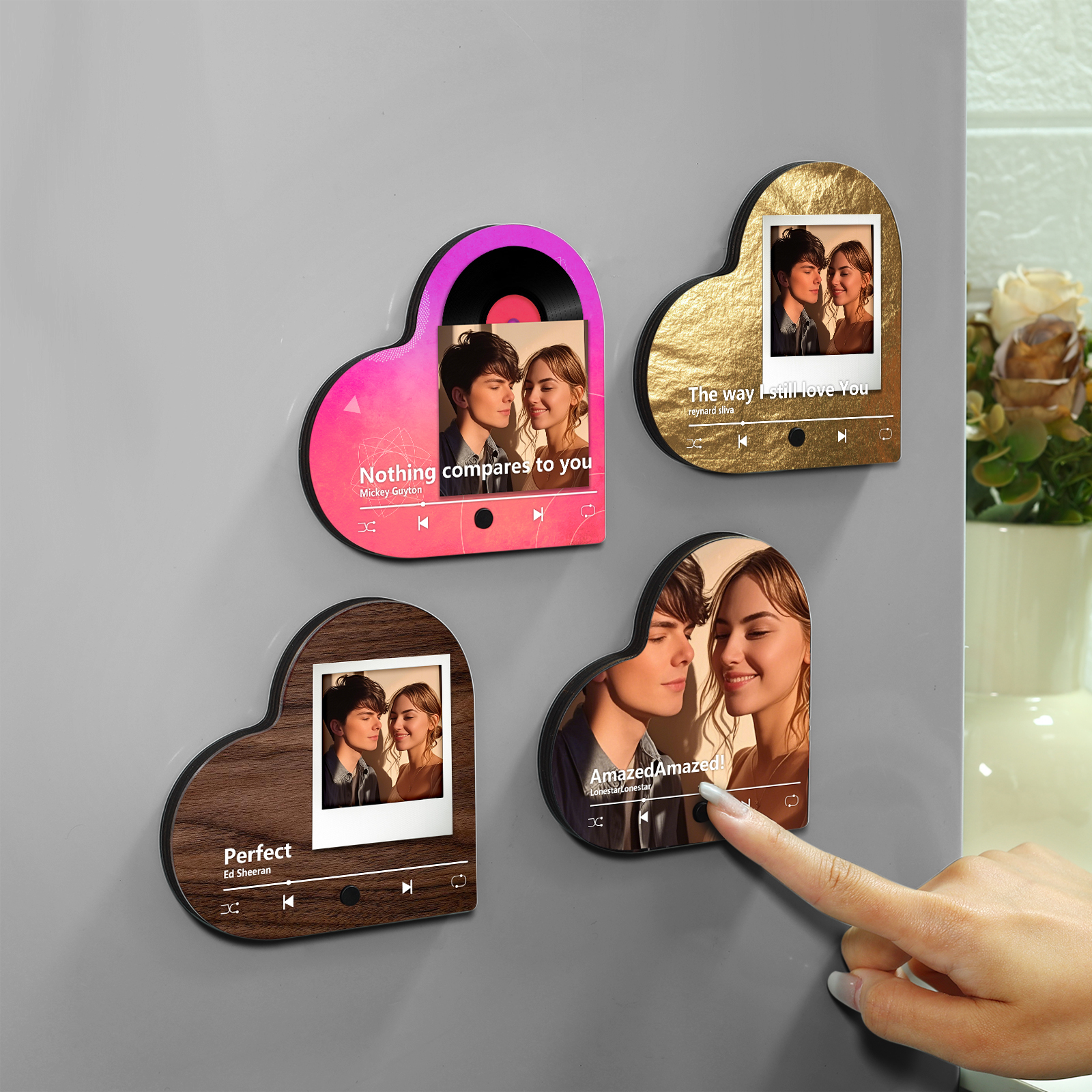 Personalised Music Player with Photo Wood Colour Heart Shaped Magnet Gift for Couple