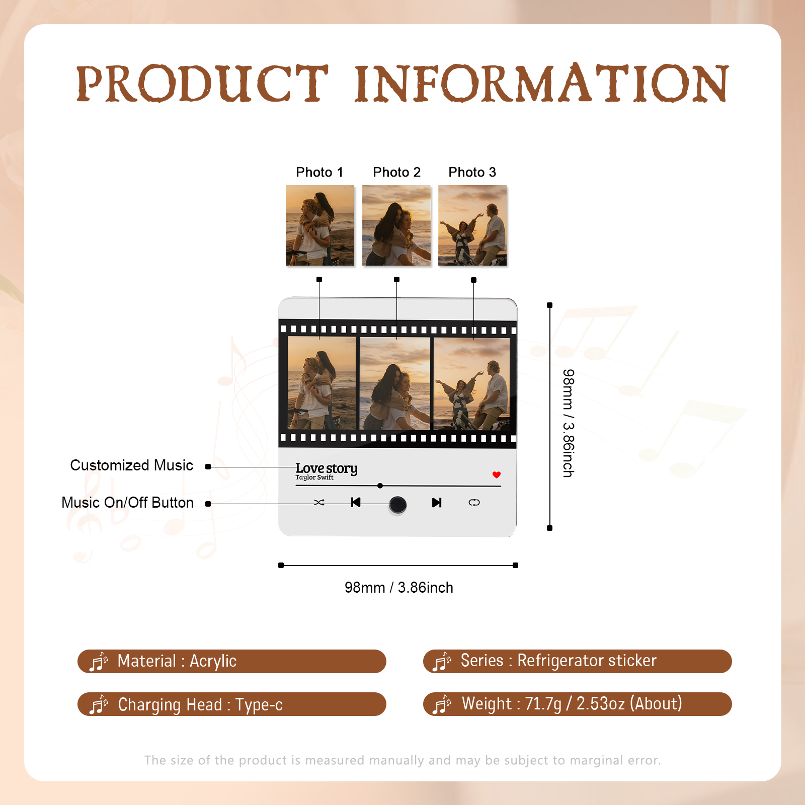 Personalised Photo Fridge Magnet Custom 3 Photos with Music Romantic Valentine's Day Gift for Couples | Jessemde