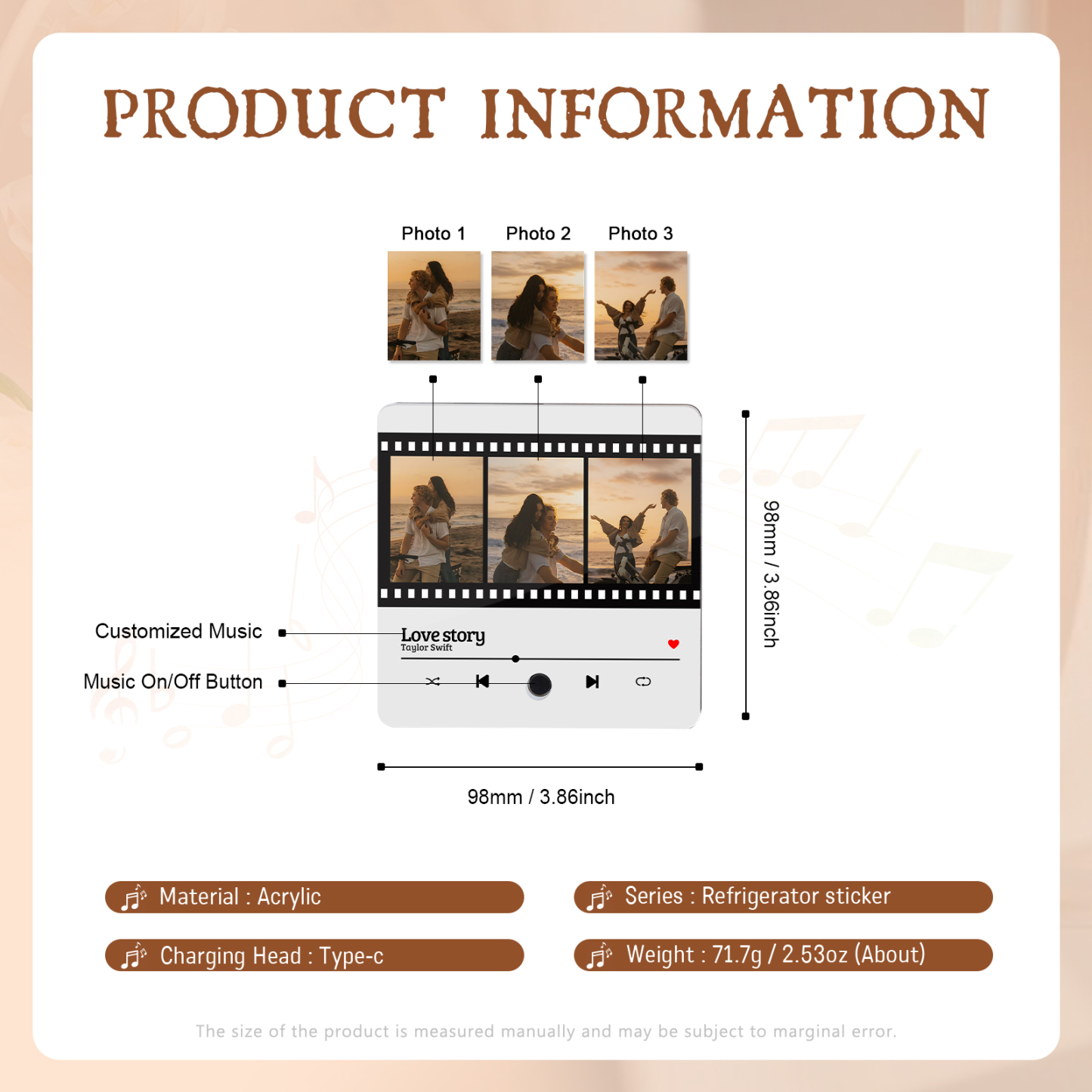 Personalised Photo Fridge Magnet Custom 3 Photos with Music Romantic Valentine's Day Gift for Couples | Jessemde