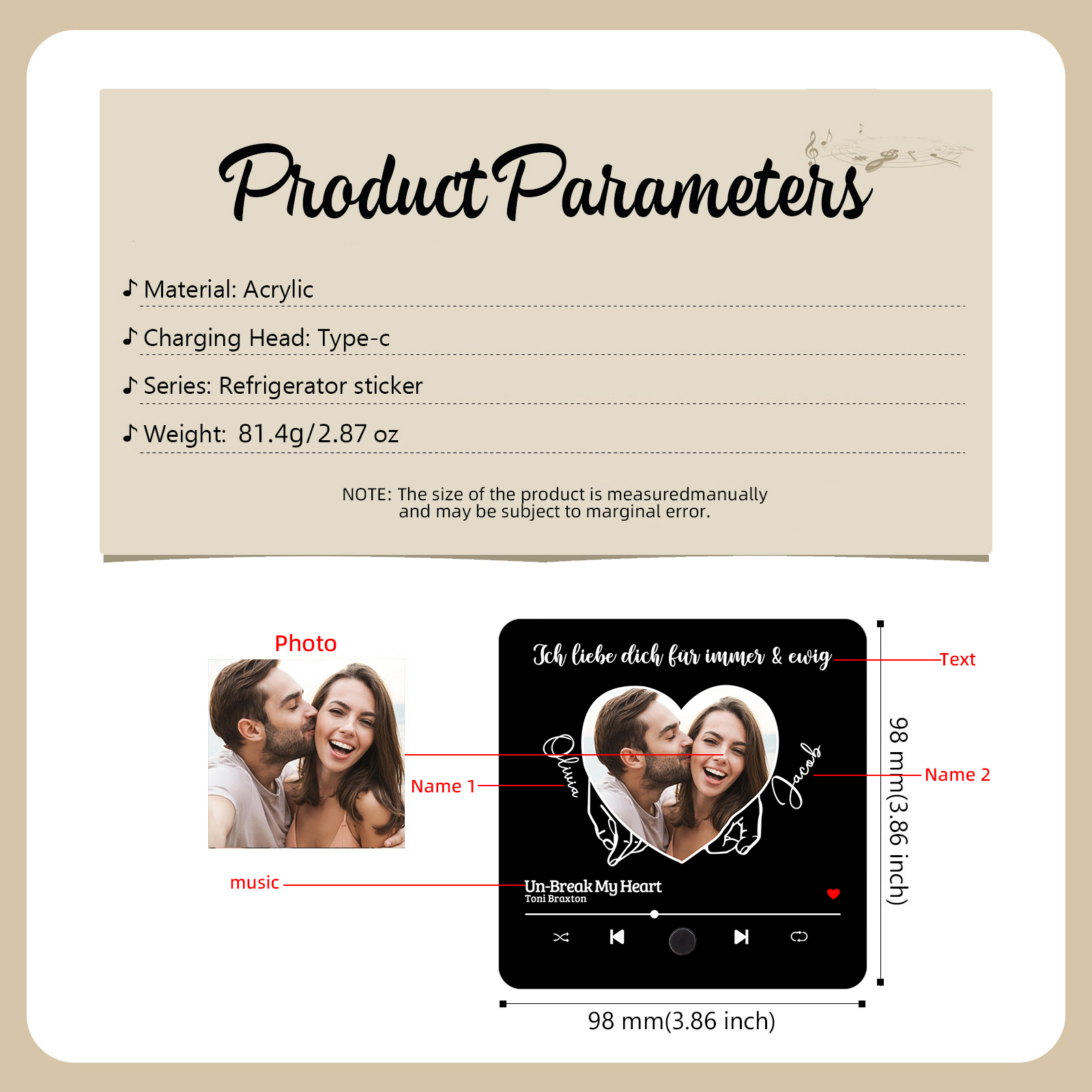 Personalised Music Fridge Magnets Custom Song Photo Names Text Gift for Couples