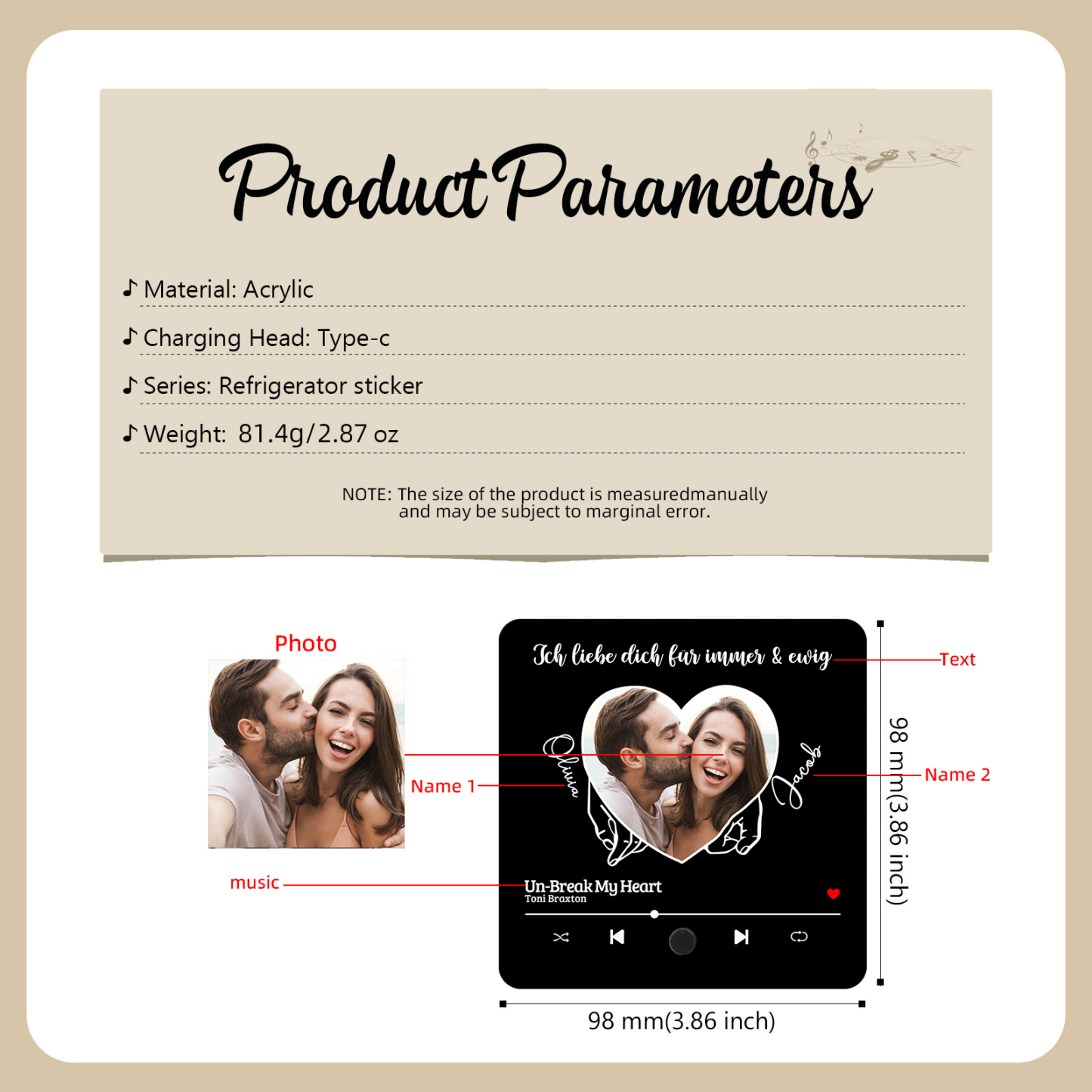 Personalised Music Fridge Magnets Custom Song Photo Names Text Gift for Couples