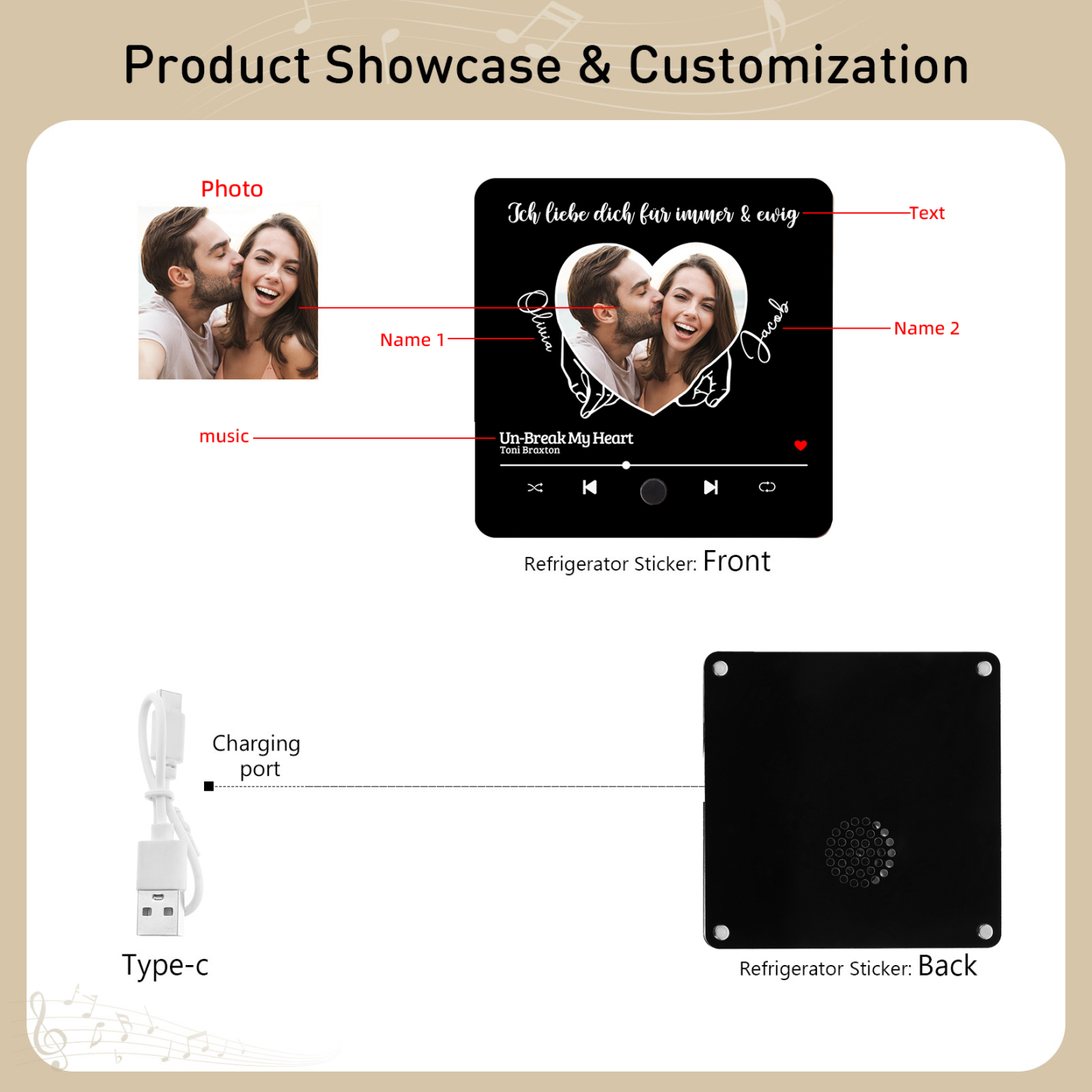 Personalised Music Fridge Magnets Custom Song Photo Names Text Gift for Couples