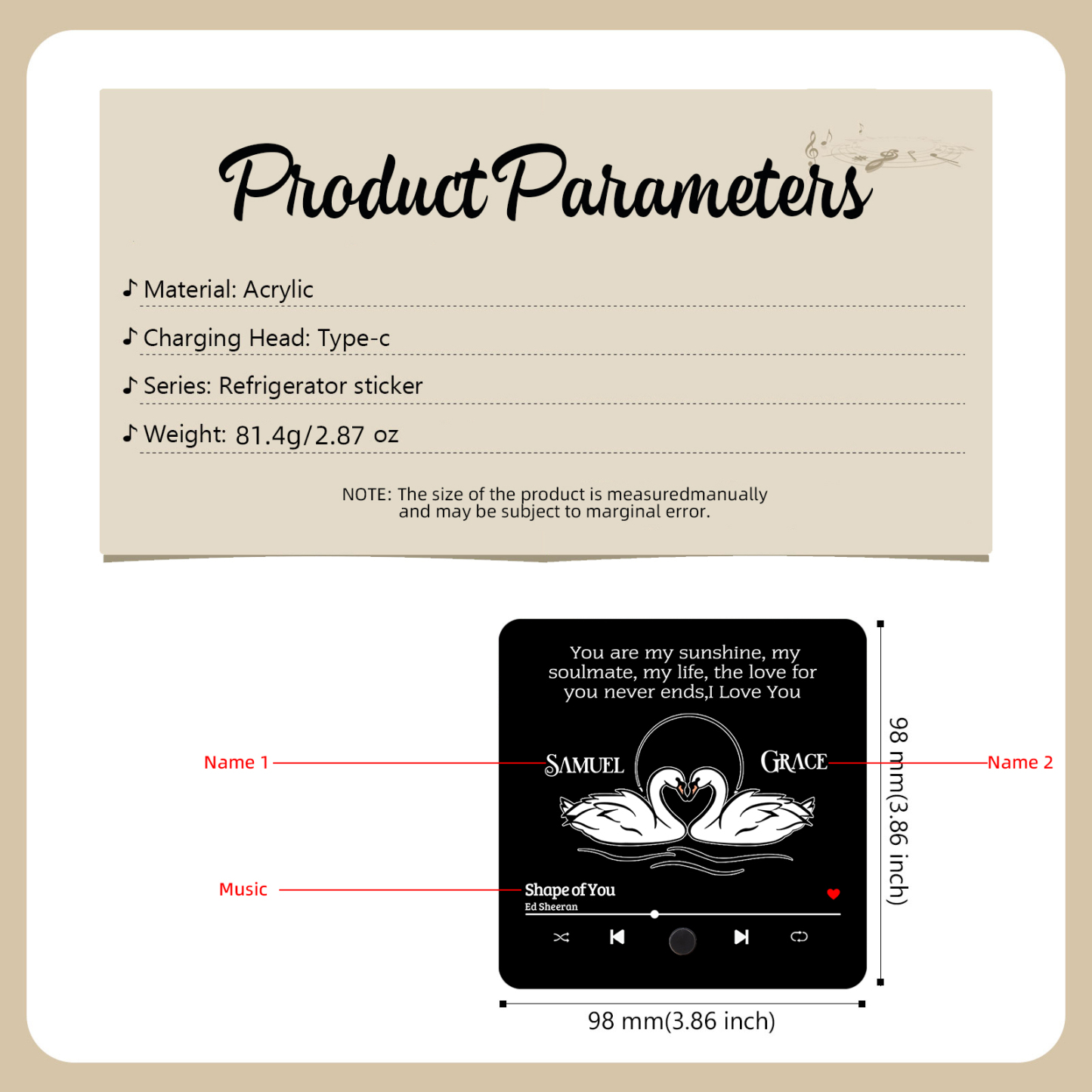 Personalised Fridge Magnet 2 Swans You are My Sunshine Romantic Music Plaque with Customised Names & Song