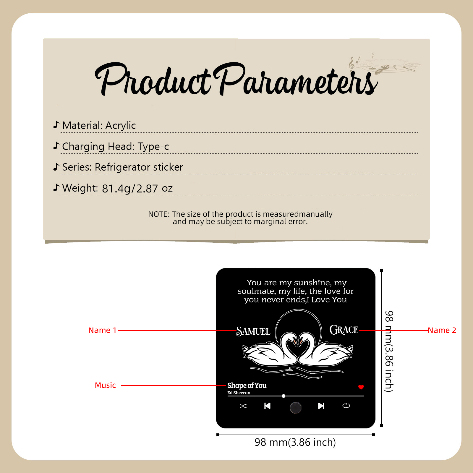 Personalised Fridge Magnet 2 Swans You are My Sunshine Romantic Music Plaque with Customised Names & Song