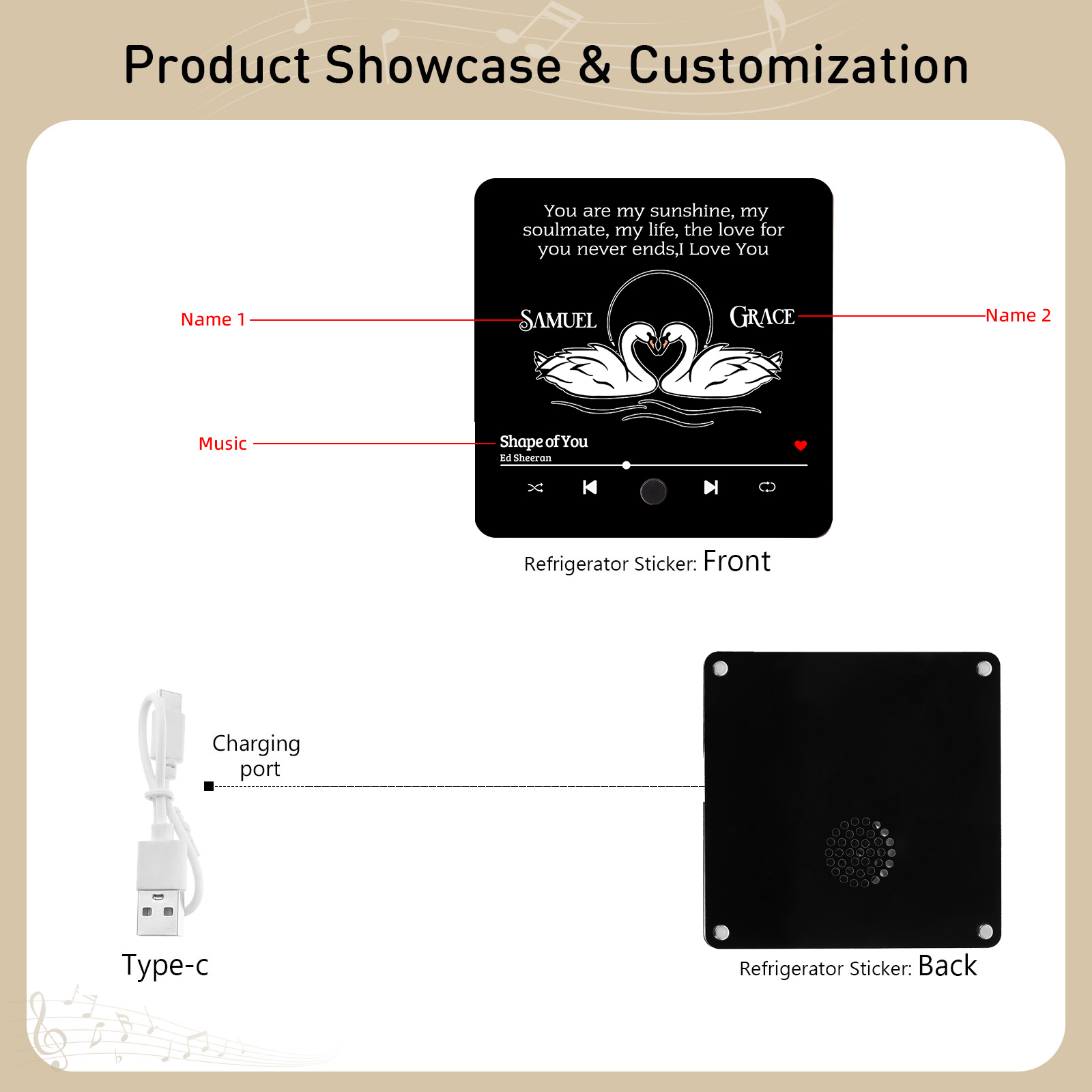 Personalised Fridge Magnet 2 Swans You are My Sunshine Romantic Music Plaque with Customised Names & Song