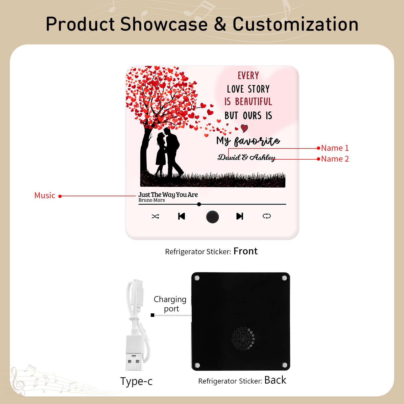 Personalised Fridge Magnet Couple Standing Under the Heart Tree Musical Valentines Day Gift
