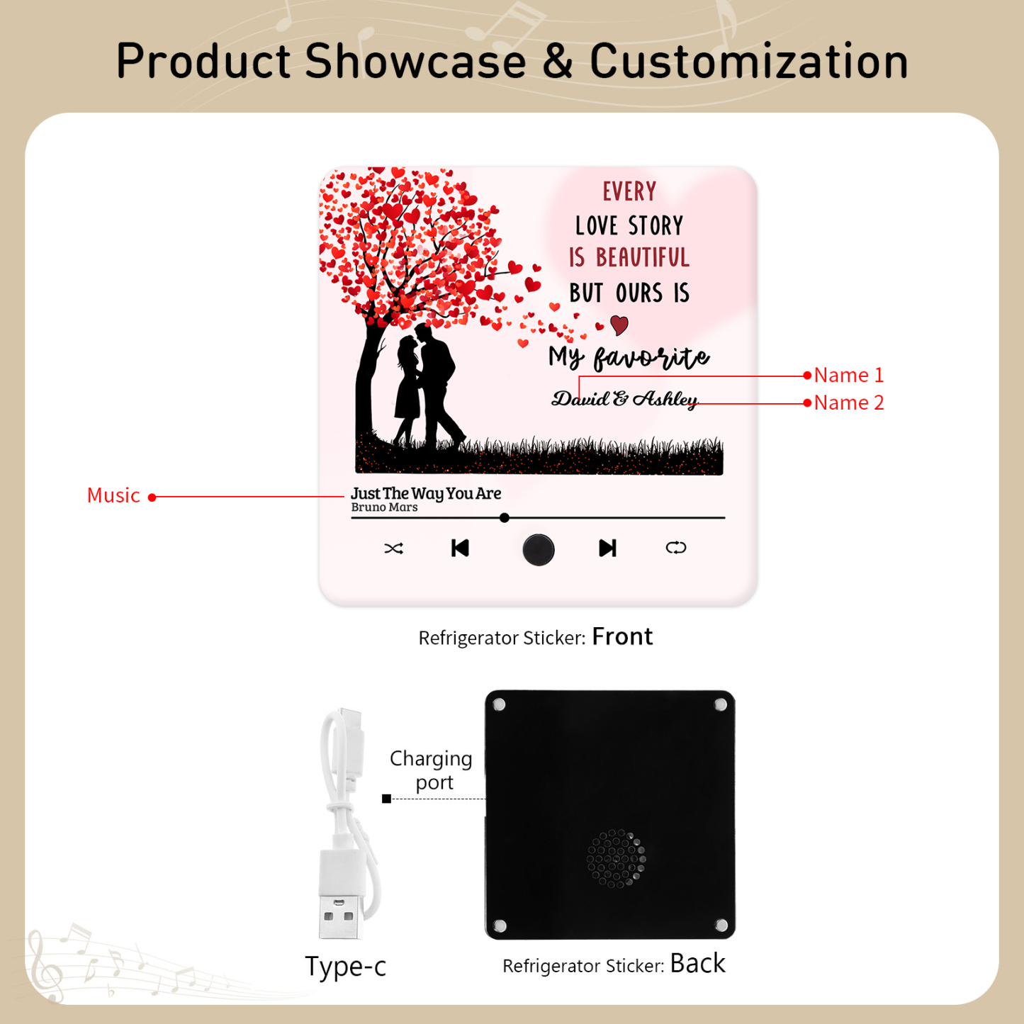 Personalised Fridge Magnet Couple Standing Under the Heart Tree Musical Valentines Day Gift