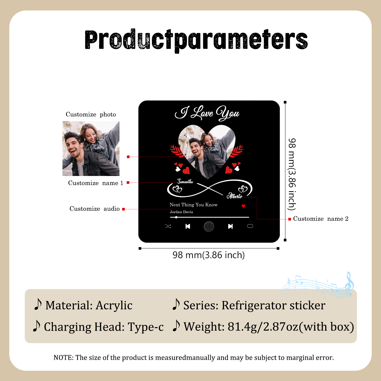 Personalised Photo Fridge Magnet Infinity and Heart Musical Valentines Day Gift