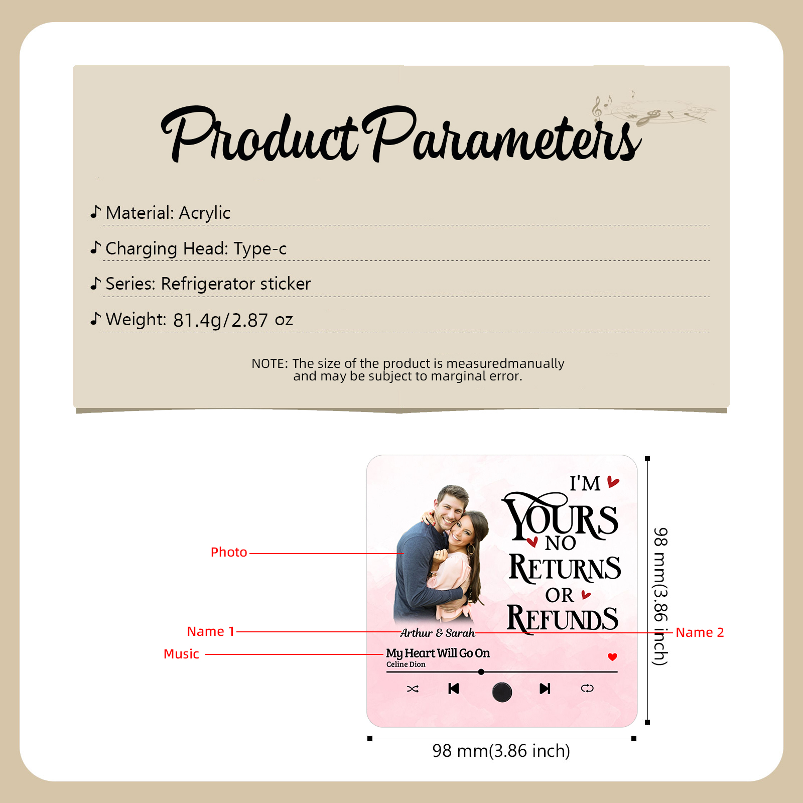 Personalised Photo Fridge Magnet I am Yours No Returns or Refunds Valentines Day Gift for Couples