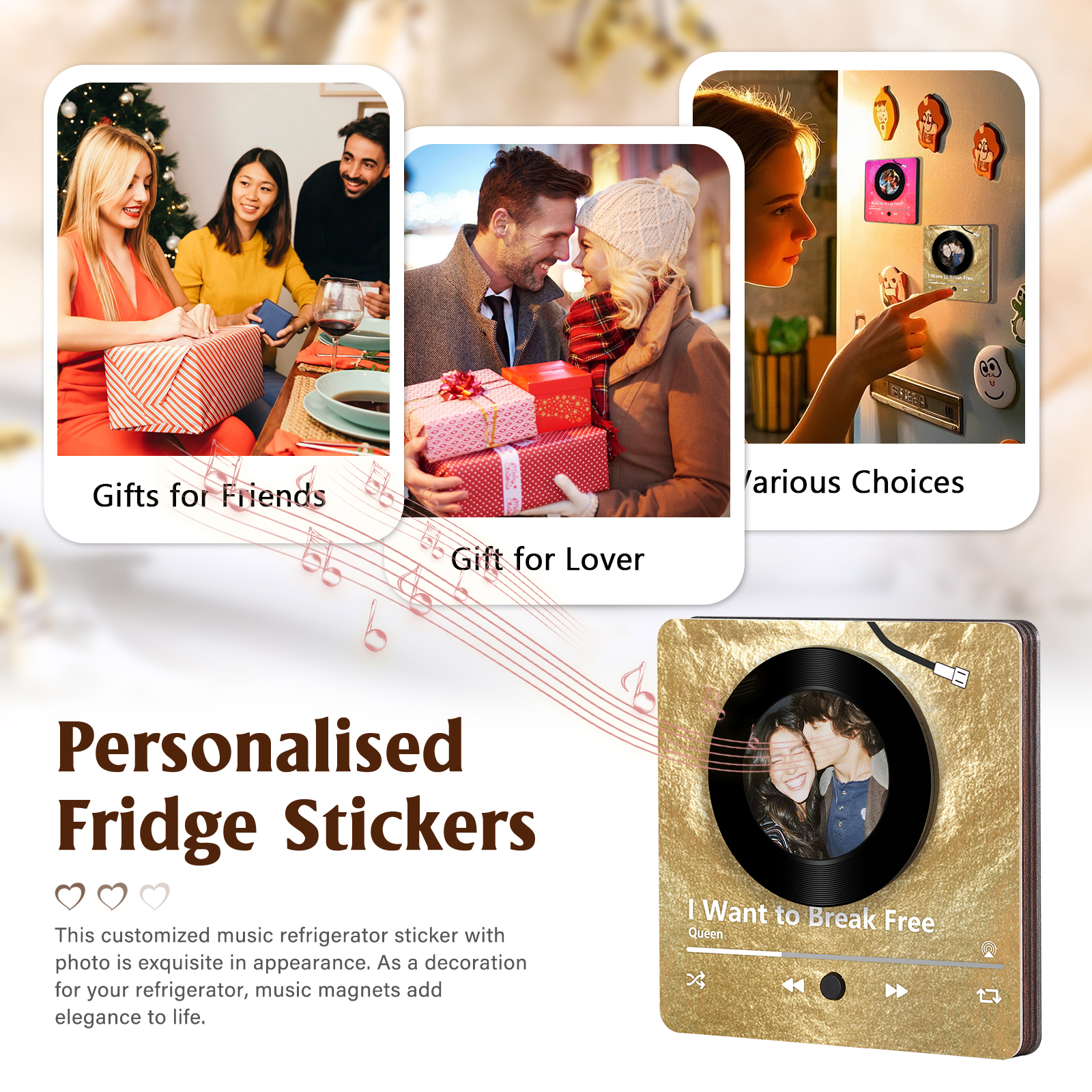 Personalised Fridge Magnet with Music Custom Photo Home Decoration Gift for Her