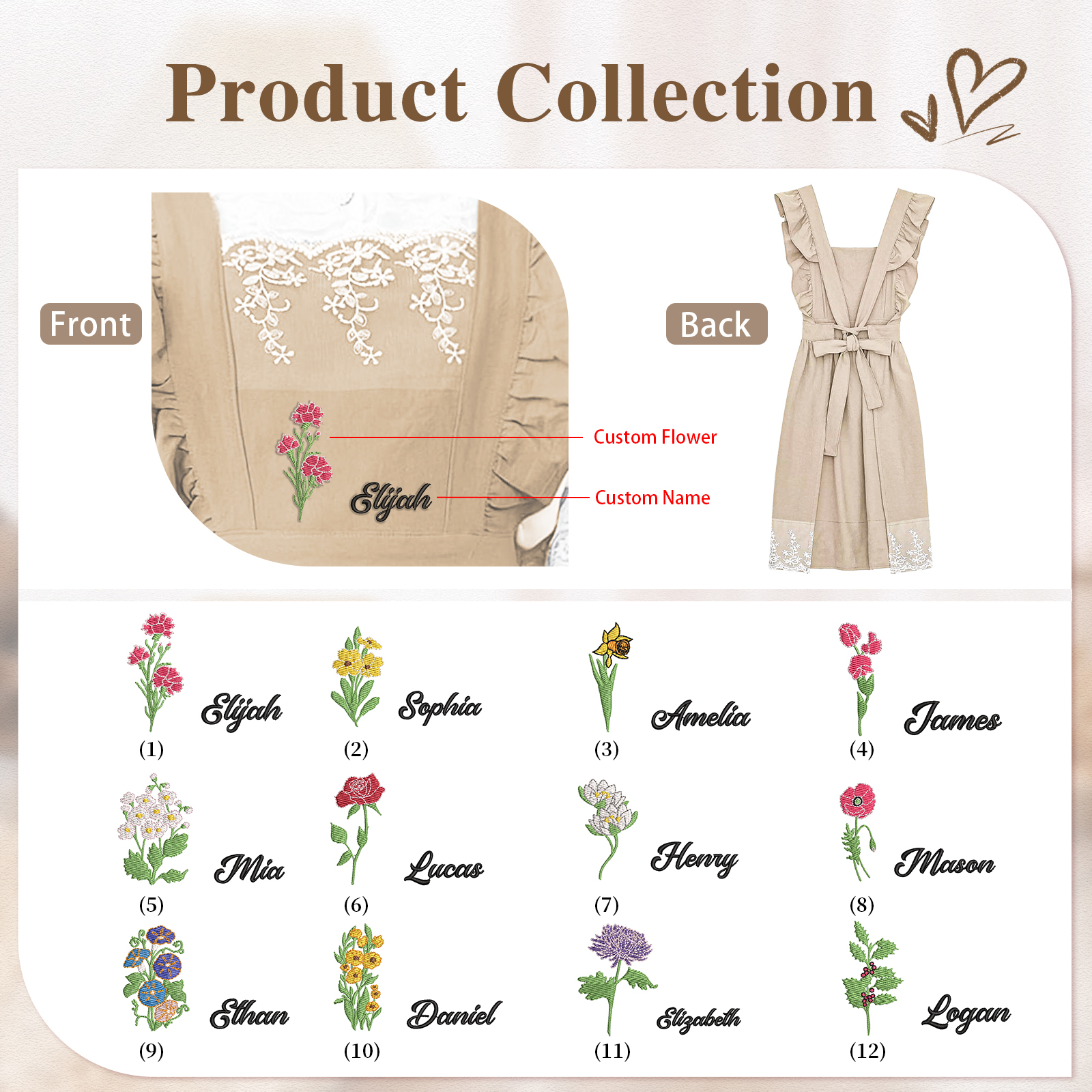 Personalised Embroidered Apron with Name & Custom Flower – Gift for Women | Jessemade