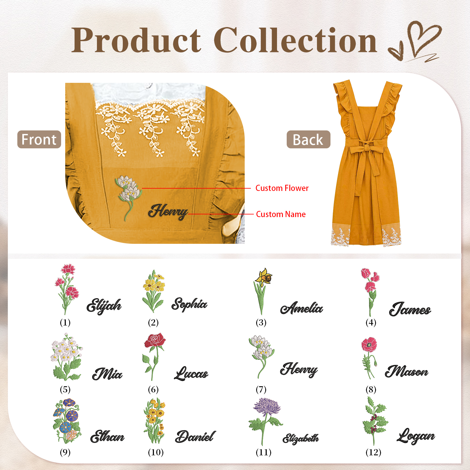 Personalised Embroidered Apron with Name & Custom Flower – Gift for Women | Jessemade