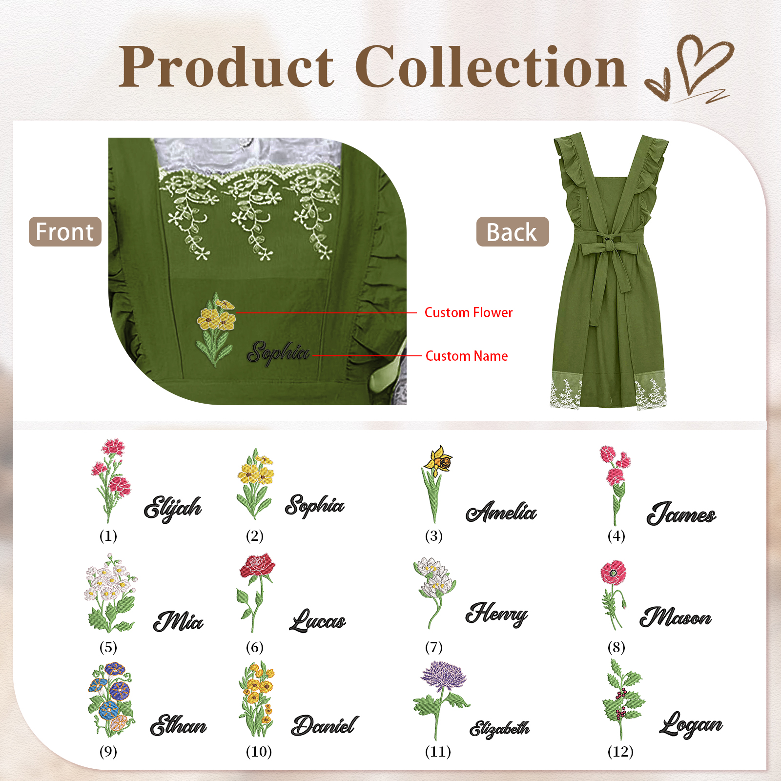 Personalised Embroidered Apron with Name & Custom Flower – Gift for Women | Jessemade