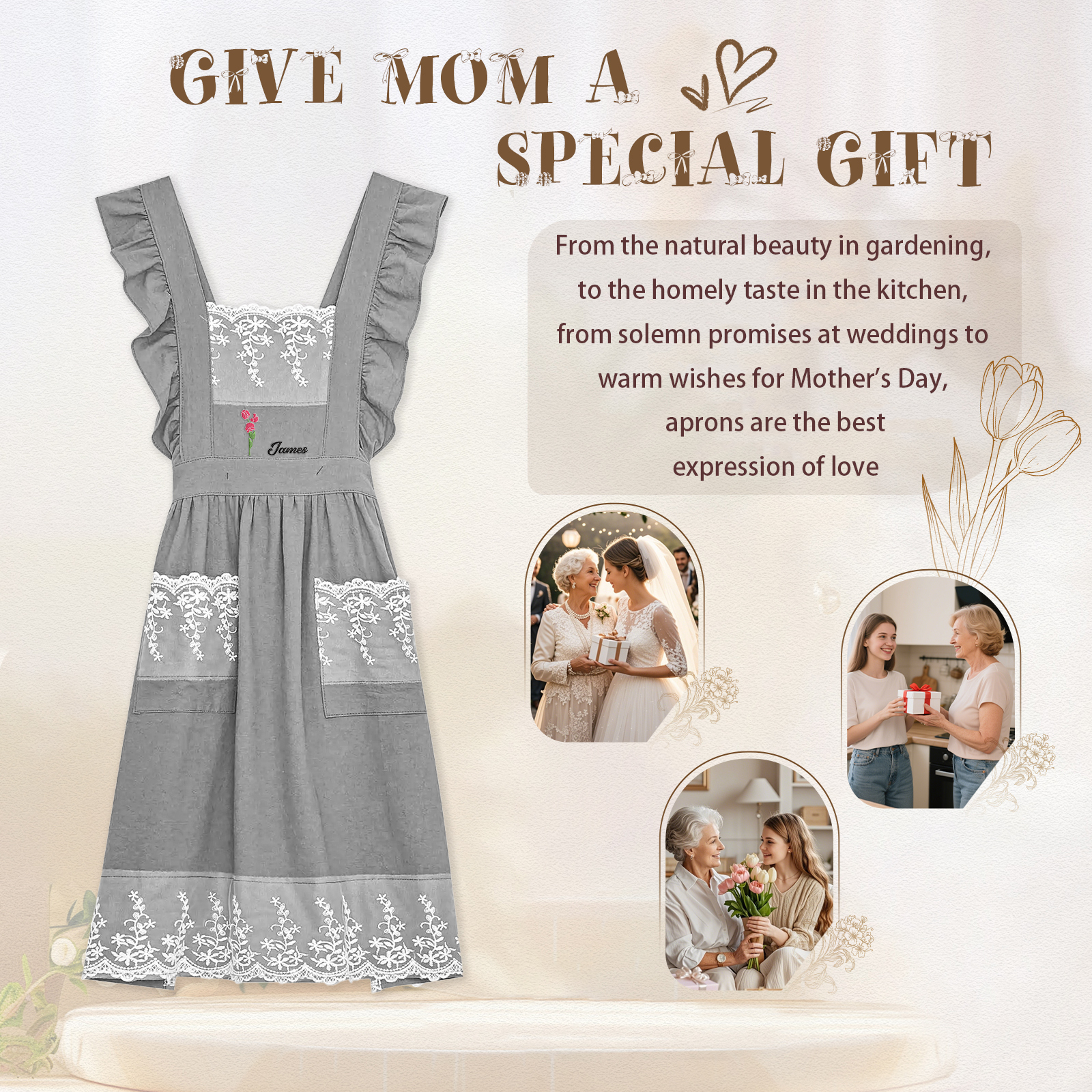 Personalised Embroidered Apron with Name & Custom Flower – Gift for Women | Jessemade