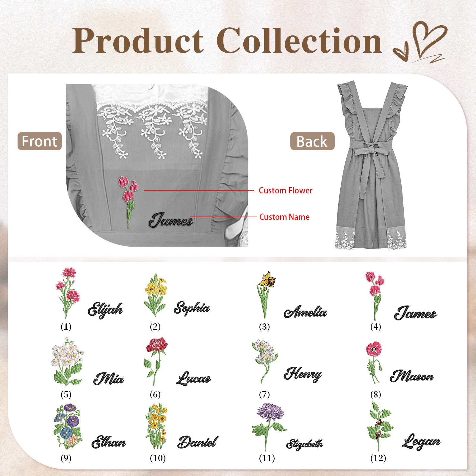 Personalised Embroidered Apron with Name & Custom Flower – Gift for Women | Jessemade
