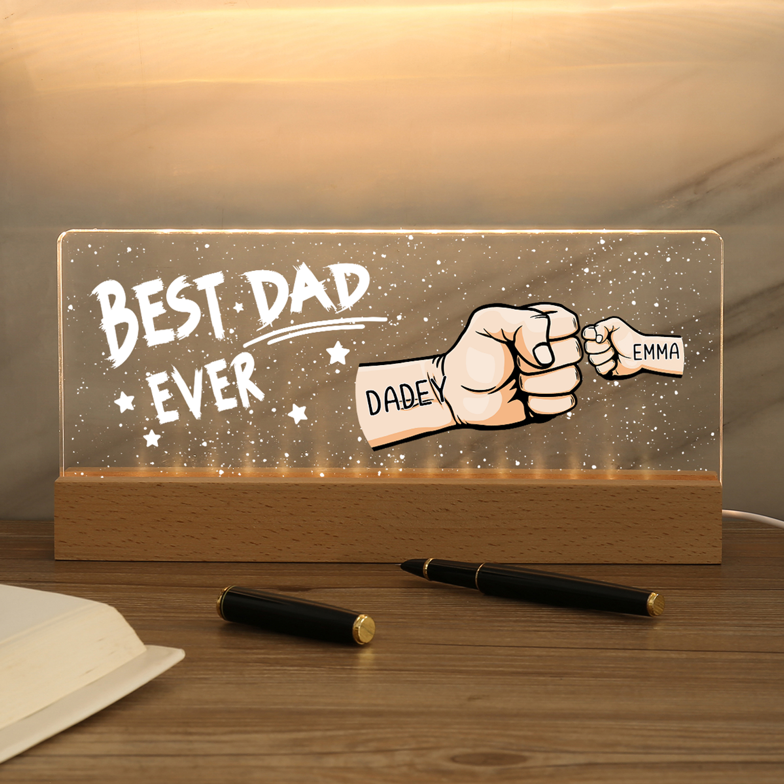 Best Dad Ever - Personalised 2 Names Acrylic Night Light Custom Fist Bump LED Lamp Fathers Day Gifts