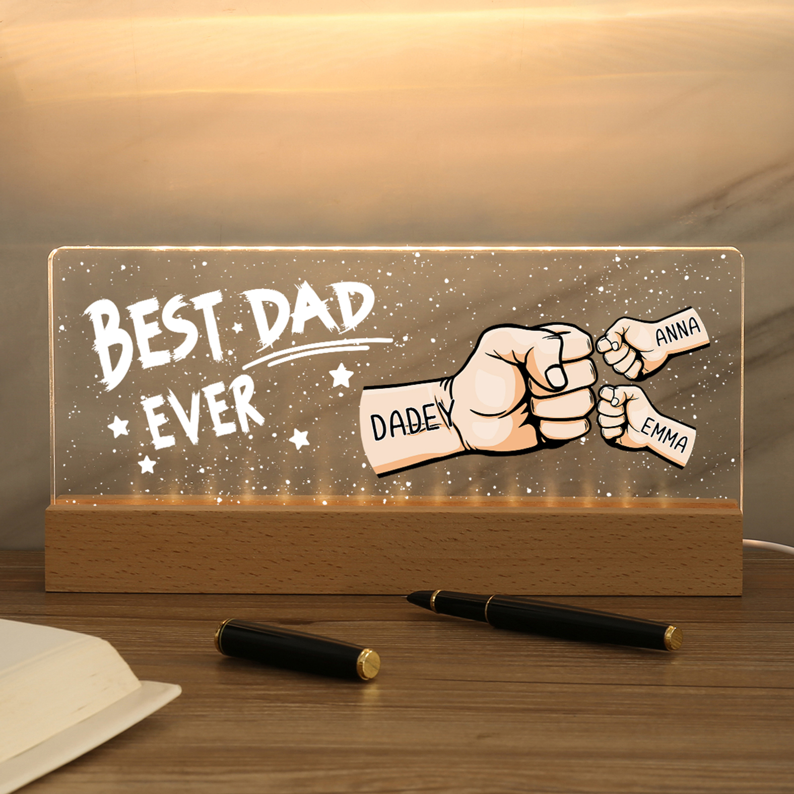 Best Dad Ever - Personalised 3 Names Acrylic Night Light Custom Fist Bump LED Lamp Fathers Day Gifts