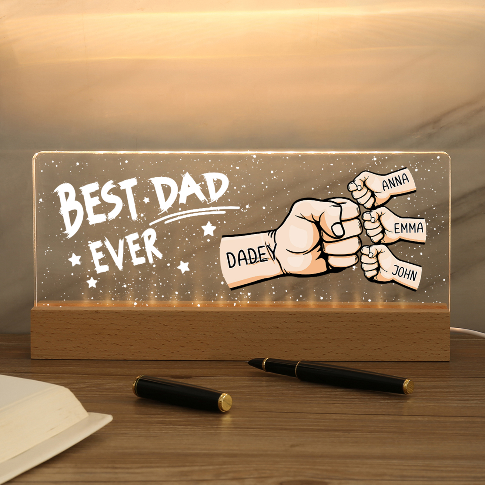 Best Dad Ever - Personalised 4 Names Acrylic Night Light Custom Fist Bump LED Lamp Fathers Day Gifts
